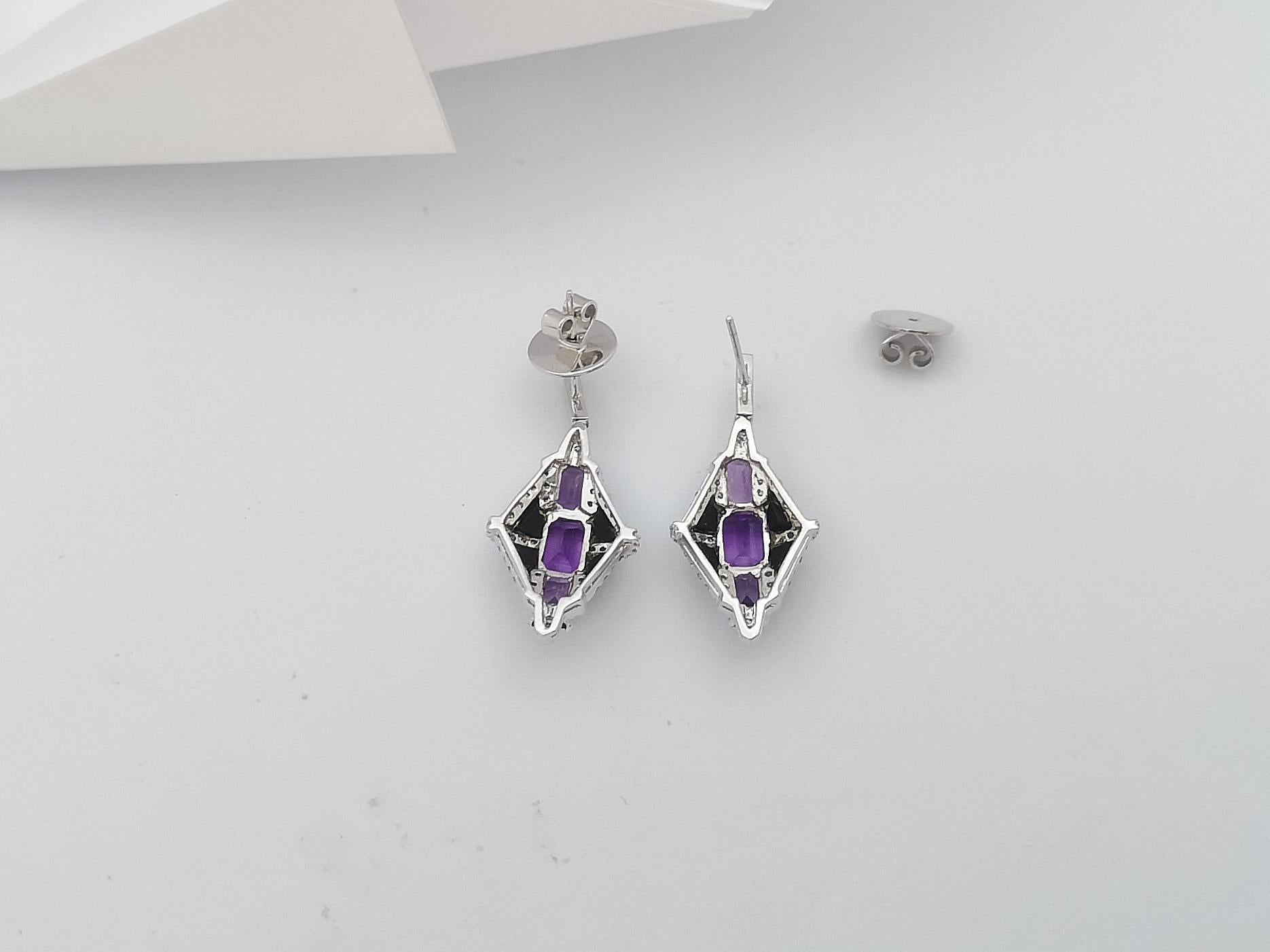 Amethyst with Diamond and Onyx Earrings Set in 18 Karat White Gold Settings For Sale 3