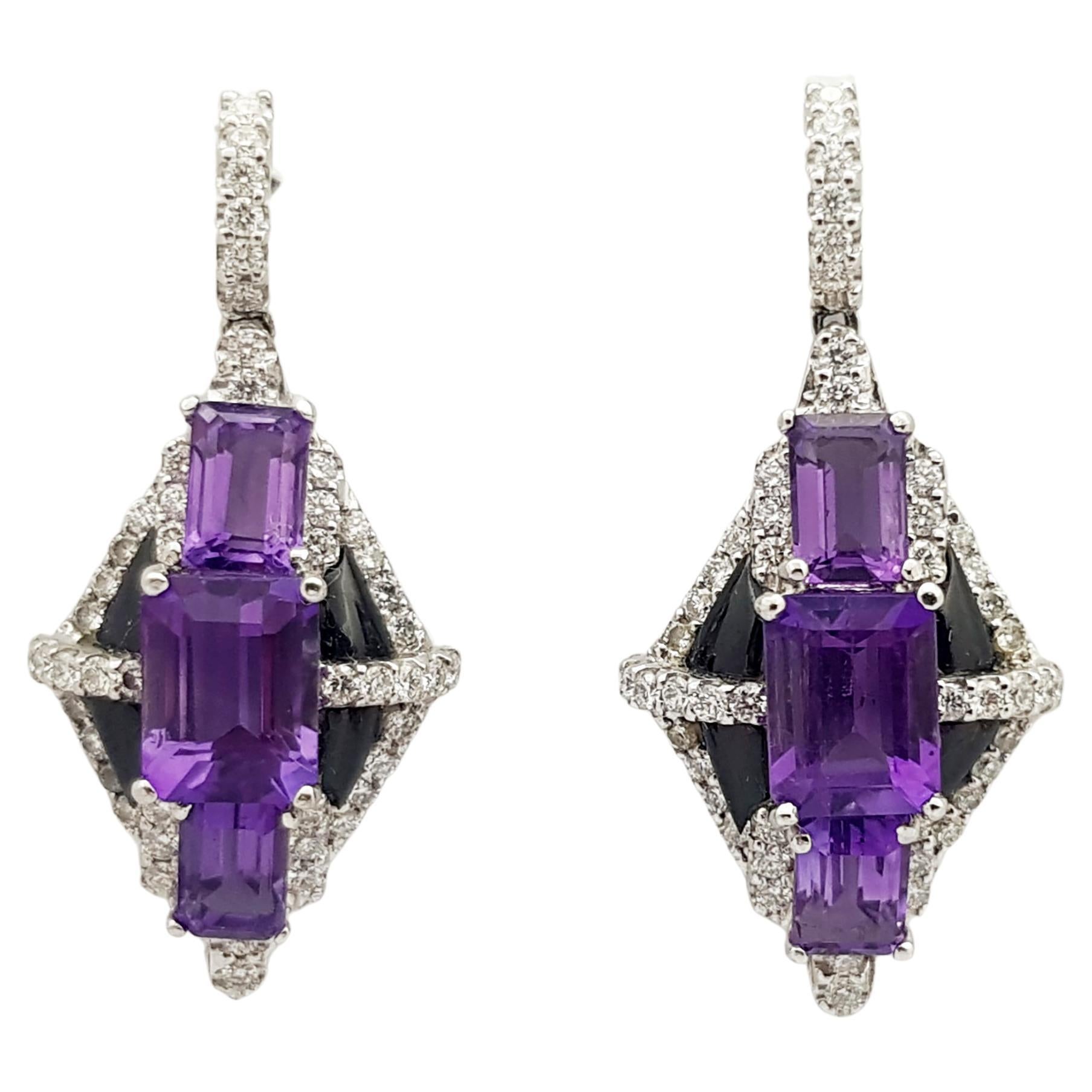 Amethyst with Diamond and Onyx Earrings Set in 18 Karat White Gold Settings For Sale