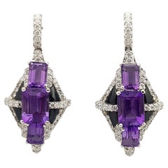 Amethyst with Diamond and Onyx Earrings Set in 18 Karat White Gold Settings