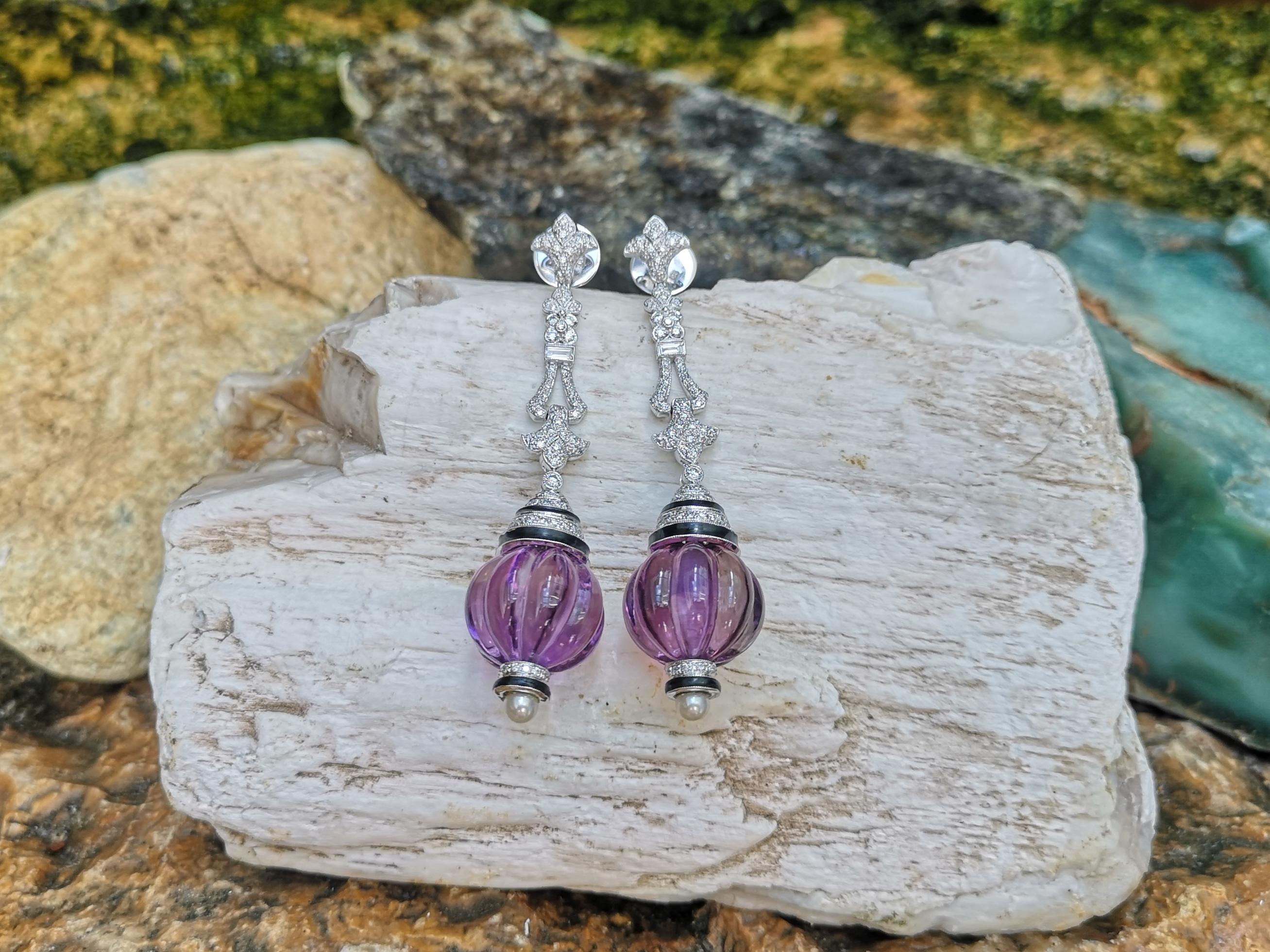 Mixed Cut Amethyst with Diamond and Pearl Earrings Set in 18 Karat White Gold Settings For Sale