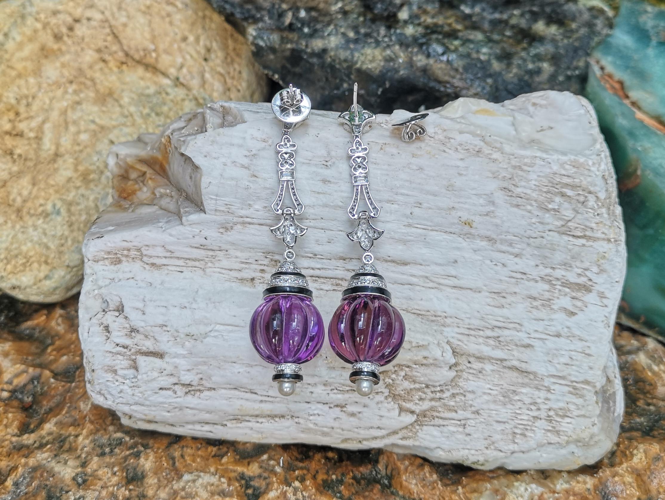Amethyst with Diamond and Pearl Earrings Set in 18 Karat White Gold Settings For Sale 1
