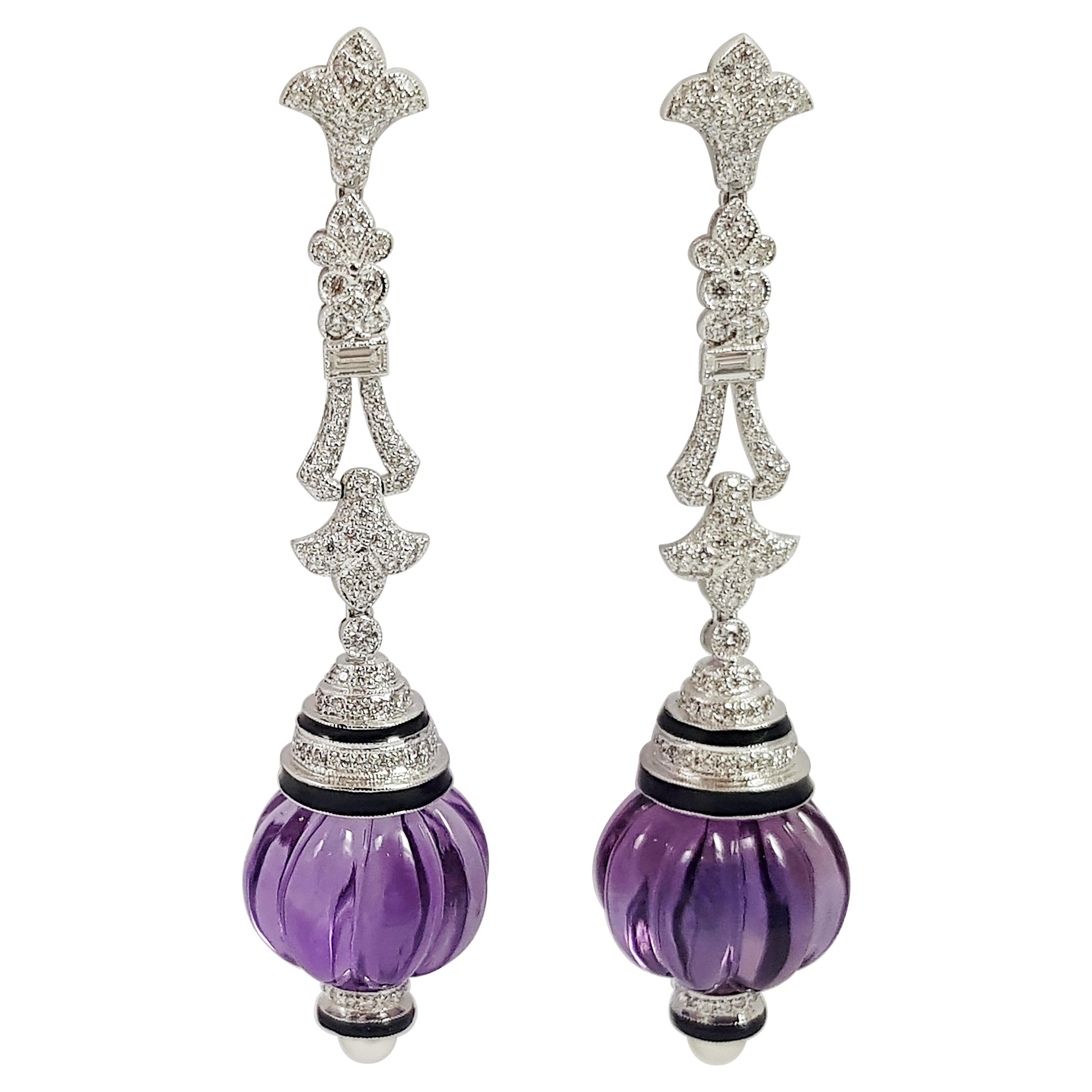 Amethyst with Diamond and Pearl Earrings Set in 18 Karat White Gold Settings For Sale