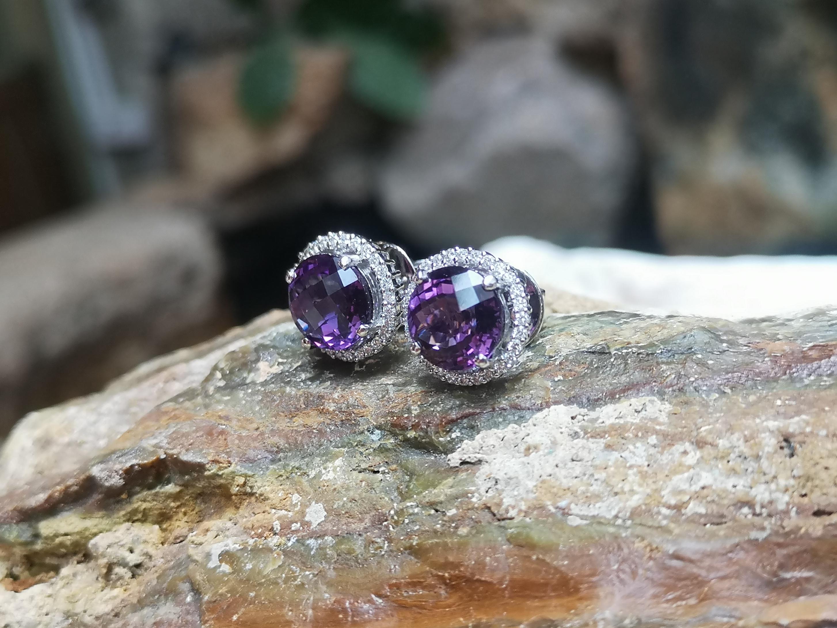 Contemporary Amethyst with Diamond Earrings Set in 18 Karat White Gold Settings For Sale
