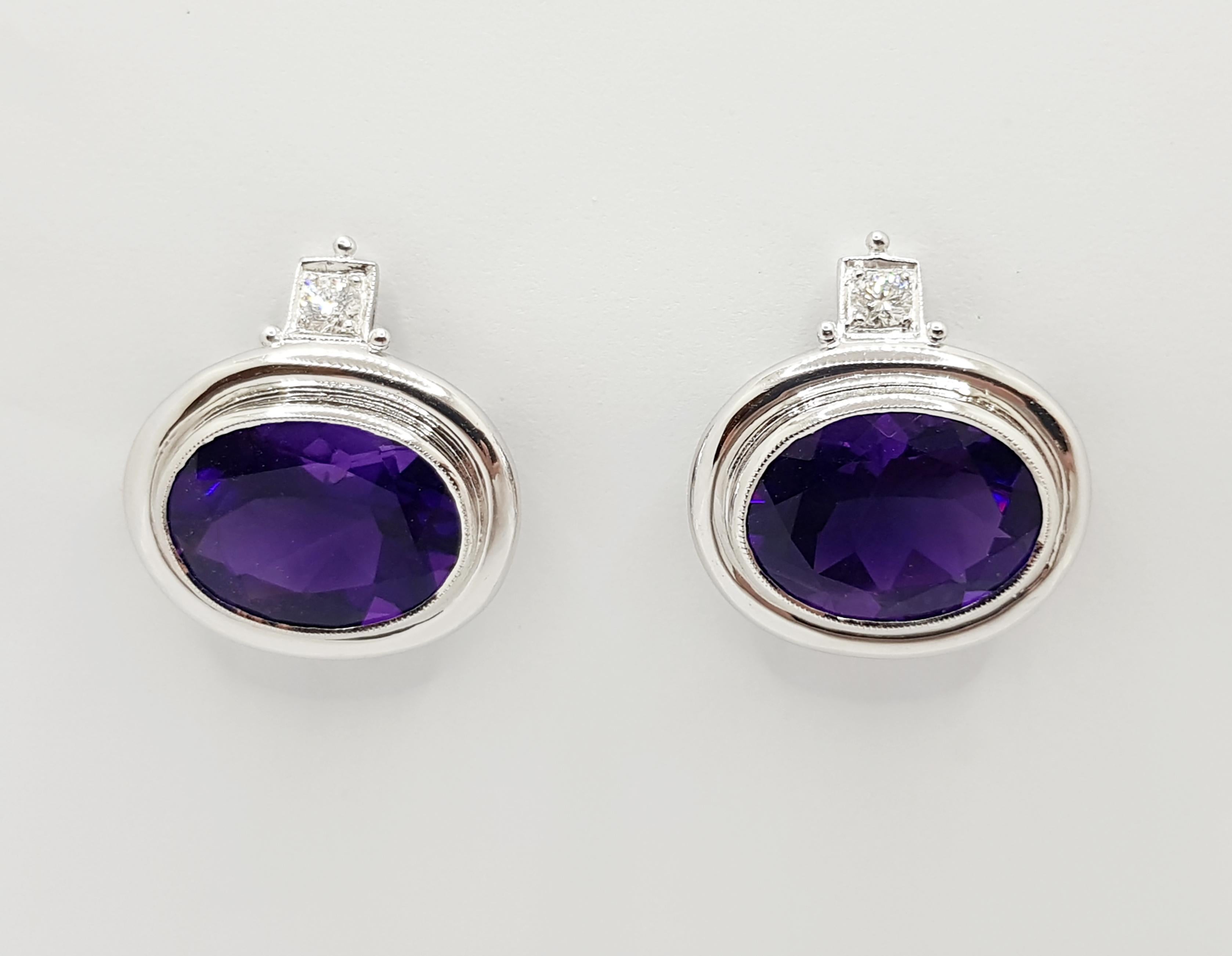 Oval Cut Amethyst with Diamond Earrings Set in 18 Karat White Gold Settings For Sale