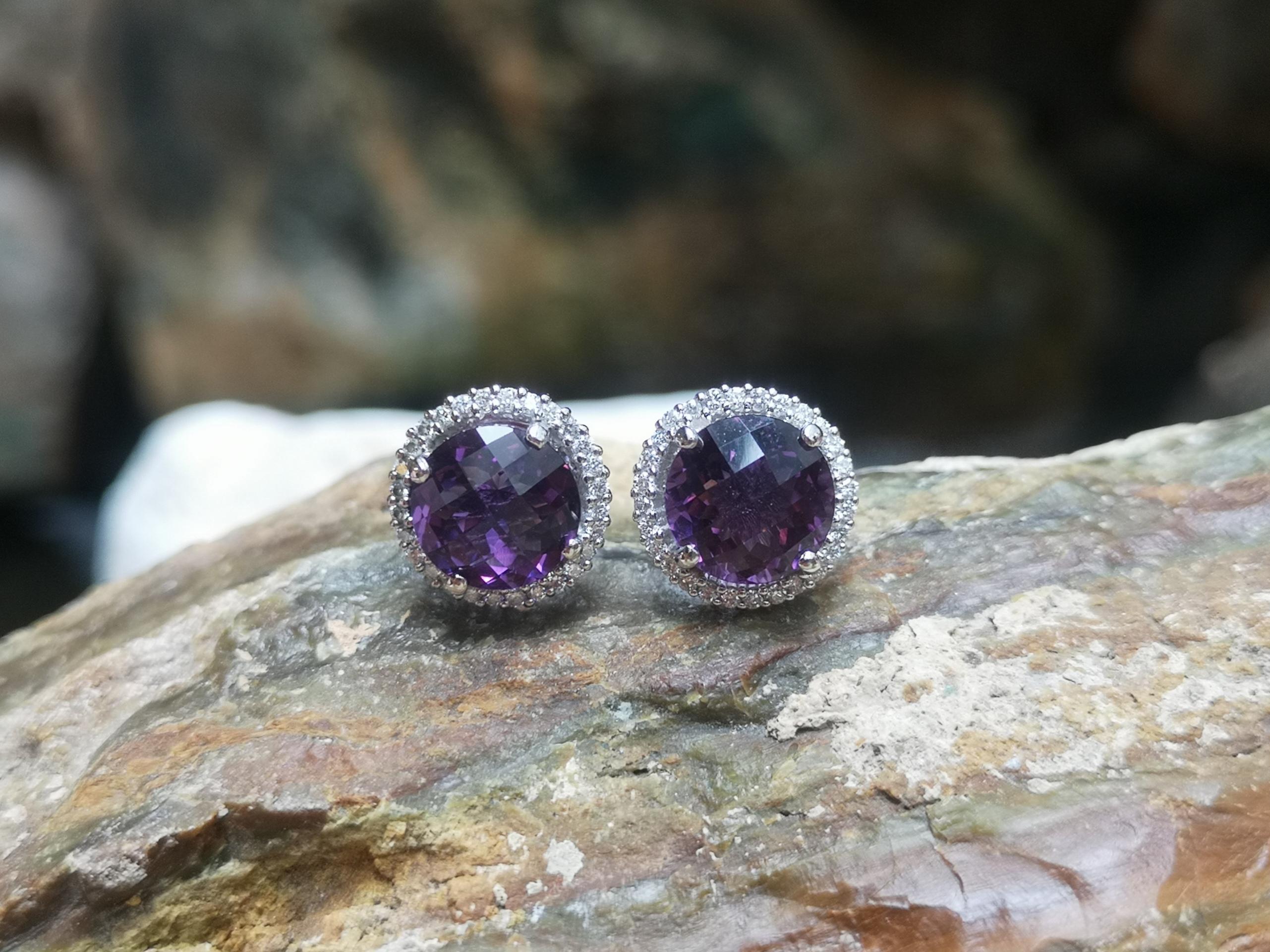Round Cut Amethyst with Diamond Earrings Set in 18 Karat White Gold Settings For Sale