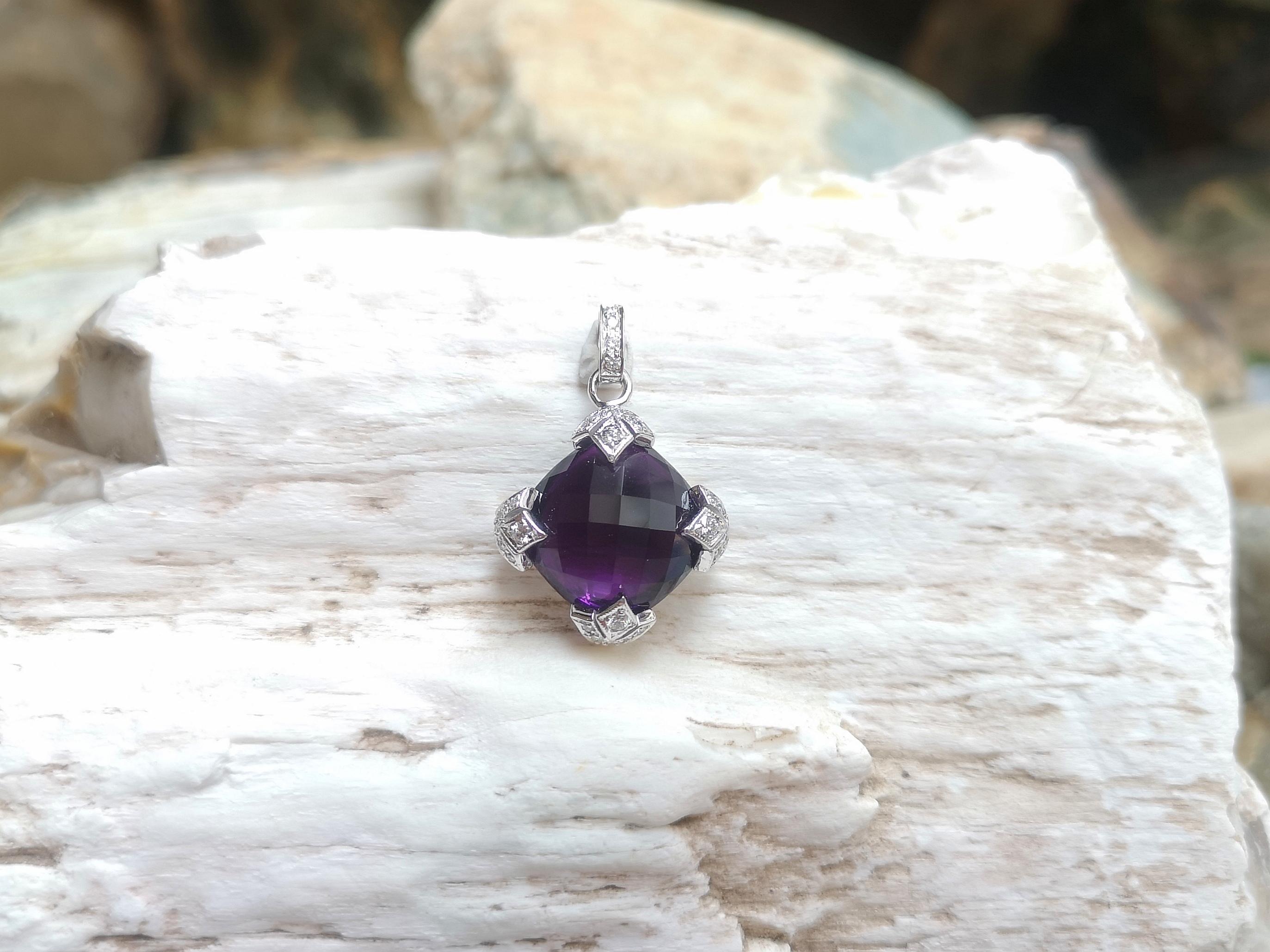 Cushion Cut Amethyst with Diamond Pendant Set in 18 Karat White Gold Settings For Sale