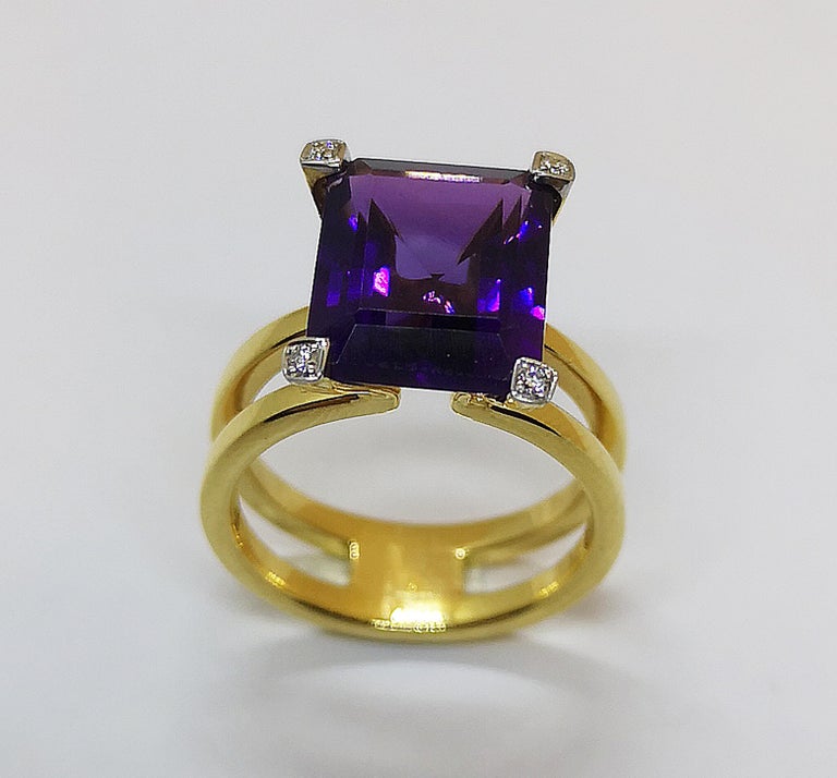 Bague En Or Jaune 18 Carats Avec Améthyste Et Diamants - Taille 50, 7g, Neuve Avec étiquettes