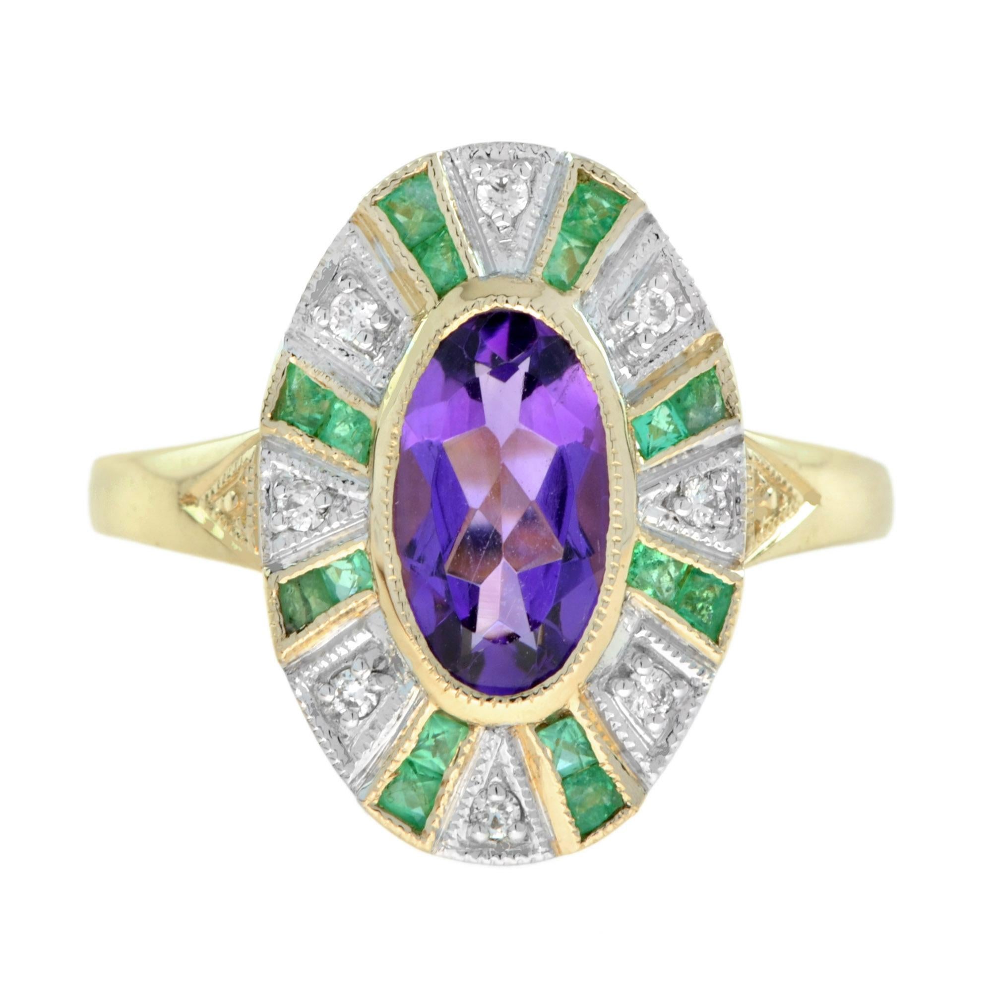 Stunning vintage inspired 9k yellow gold amethyst with  emerald and diamond set ring.
The ring consists of one central oval shaped amethyst surrounded by French cut emeralds and round cut diamonds. A highlight for ladies who favor extraordinary