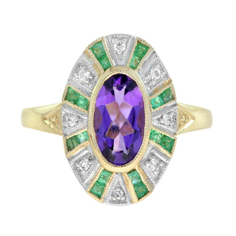9ct Yellow Gold 2.30ct Emerald Cut Amethyst and Diamond Art Deco Ring