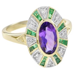 Amethyst with Emerald and Diamond Cluster Ring in 9K Yellow Gold