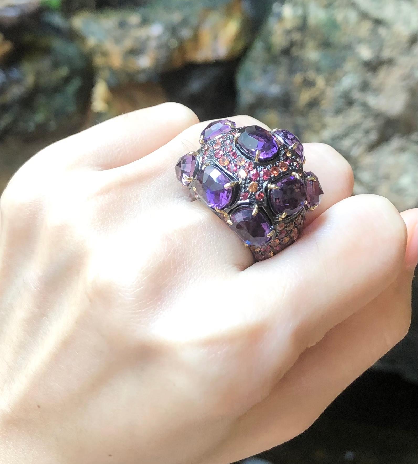 Mixed Cut Amethyst with Orange Sapphire Ring set in Silver Settings For Sale
