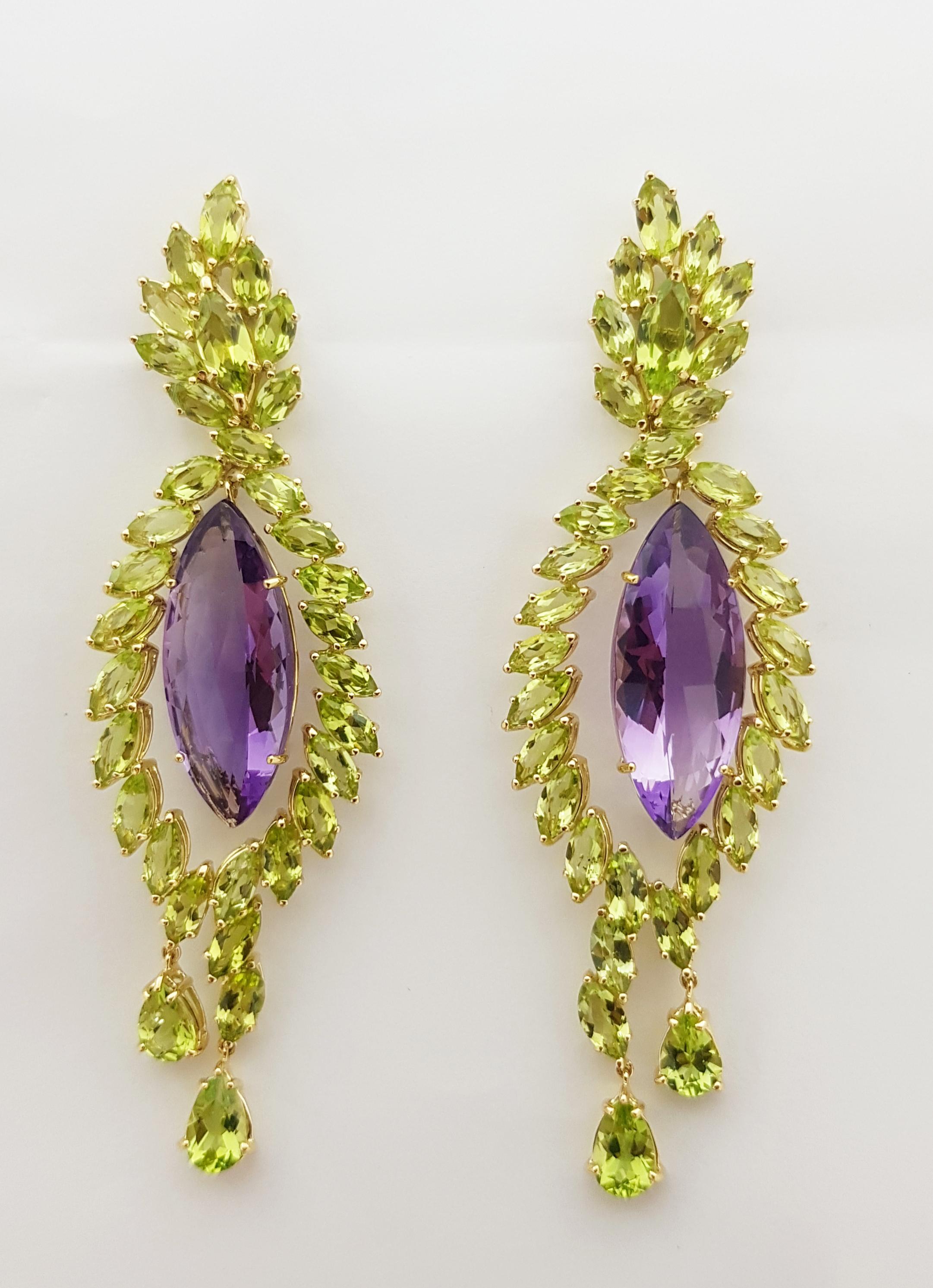 Orecchini con ametista e peridoto incastonati in oro 18 carati In condizioni Nuovo in vendita a Bangkok, TH