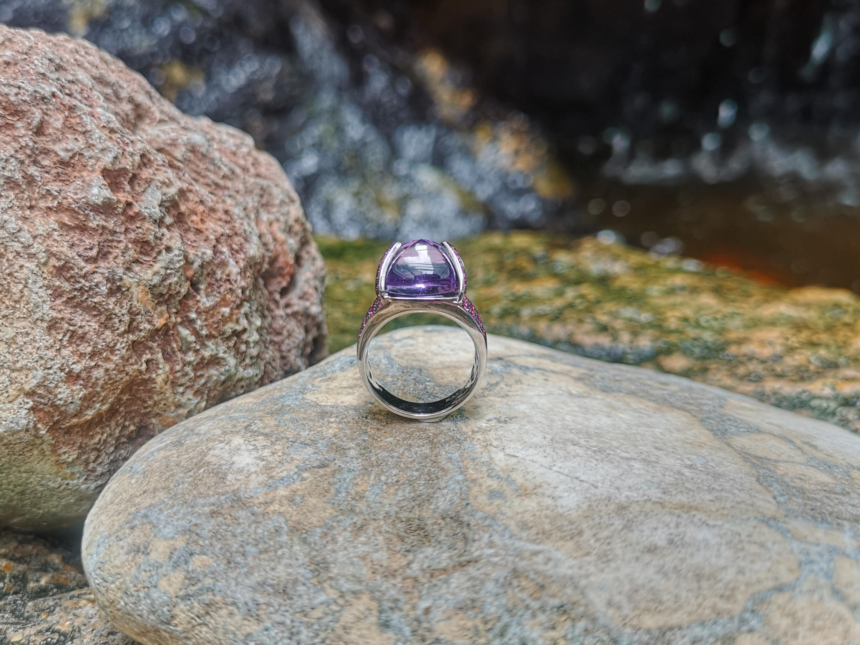 Amethyst with Pink Sapphire Ring Set in 18 K White Gold For Sale 4