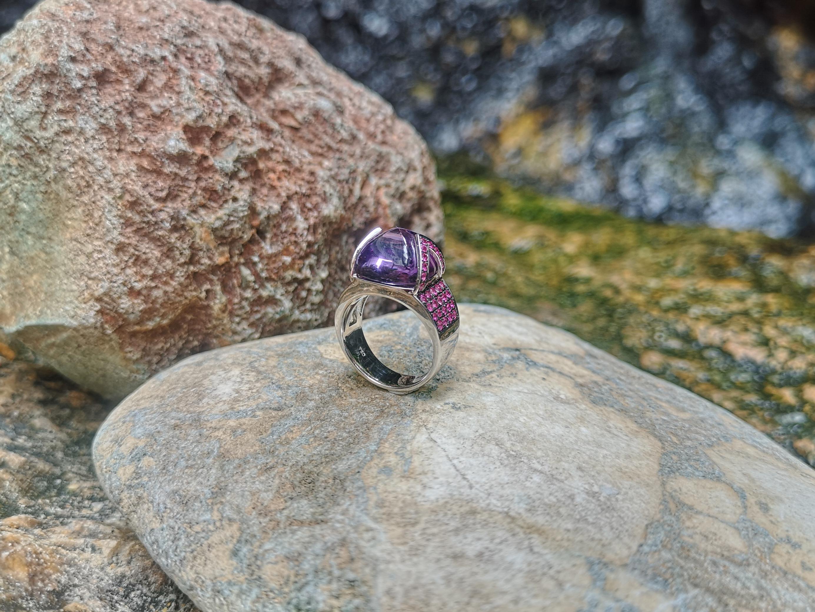 Amethyst with Pink Sapphire Ring Set in 18 K White Gold For Sale 5