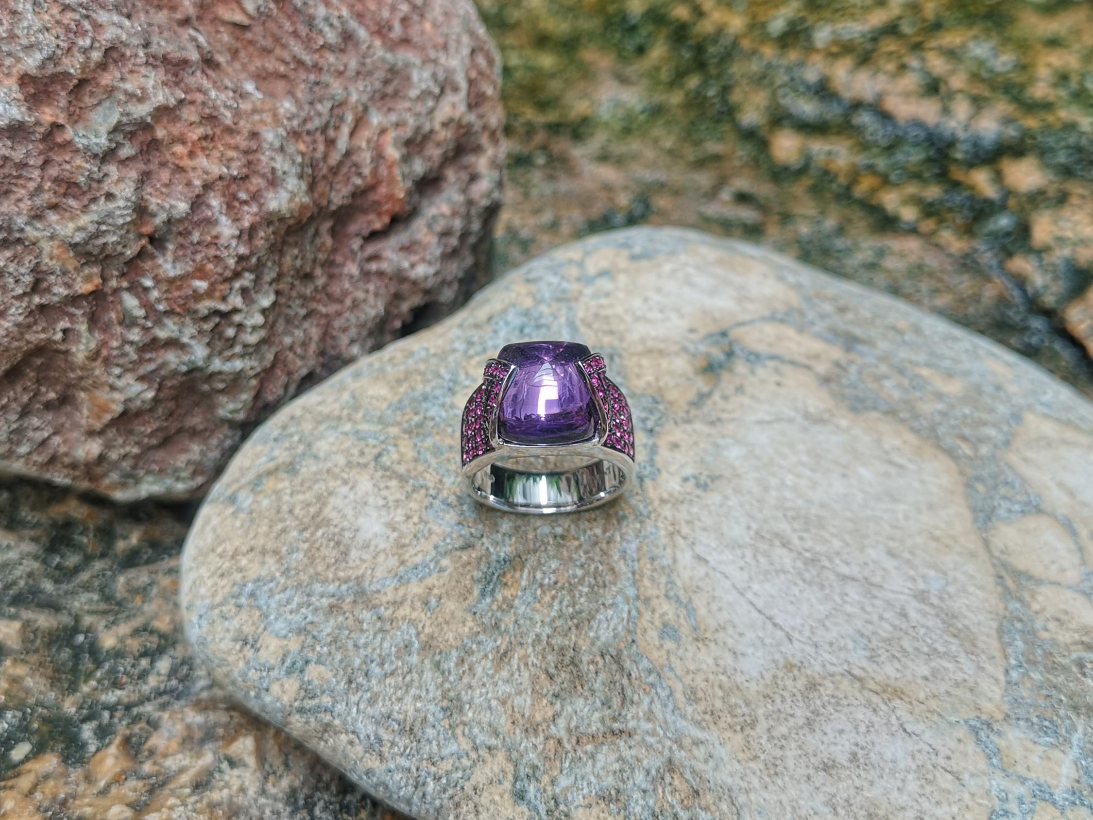 Amethyst with Pink Sapphire Ring Set in 18 K White Gold For Sale 8