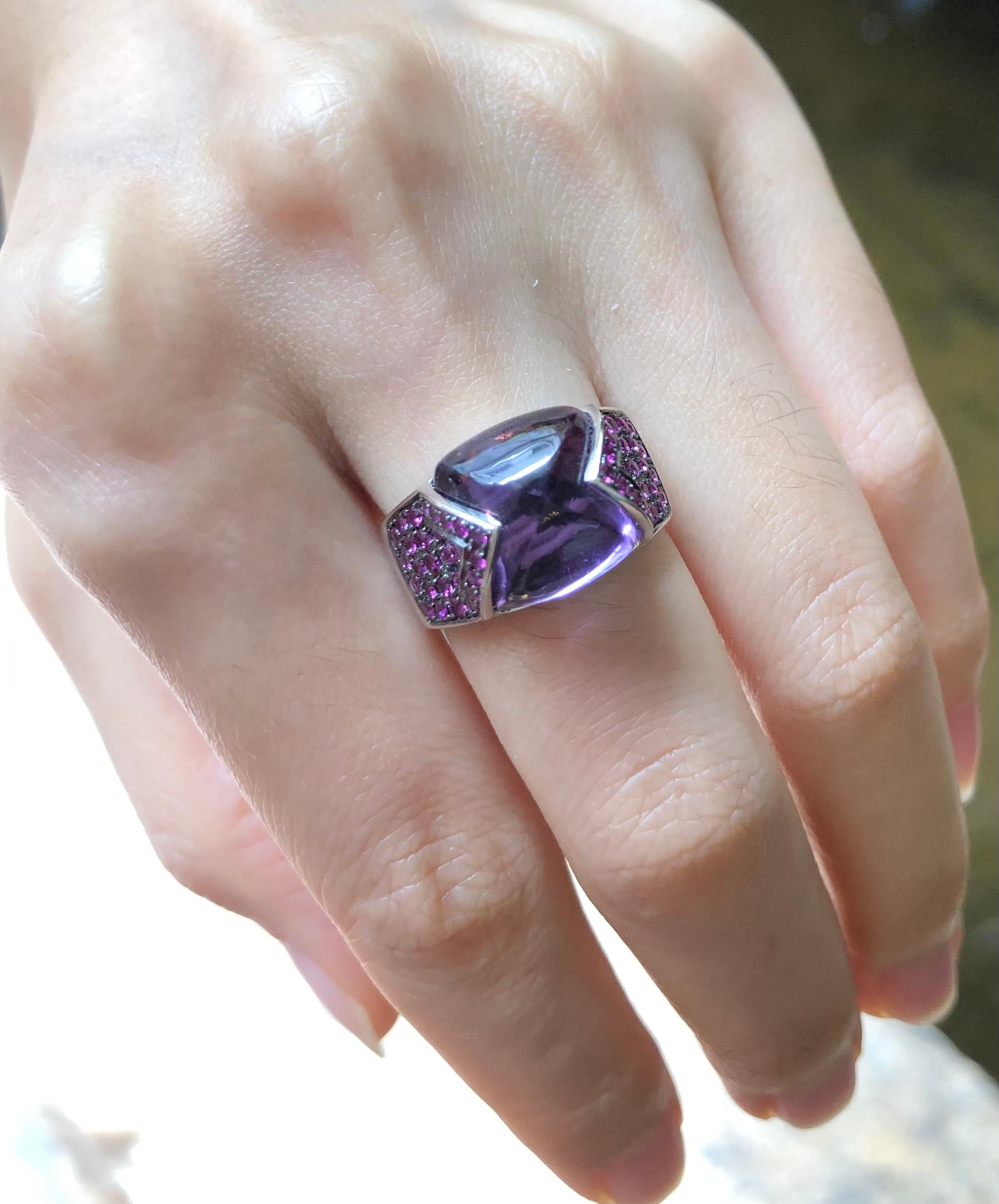 Contemporary Amethyst with Pink Sapphire Ring Set in 18 K White Gold For Sale