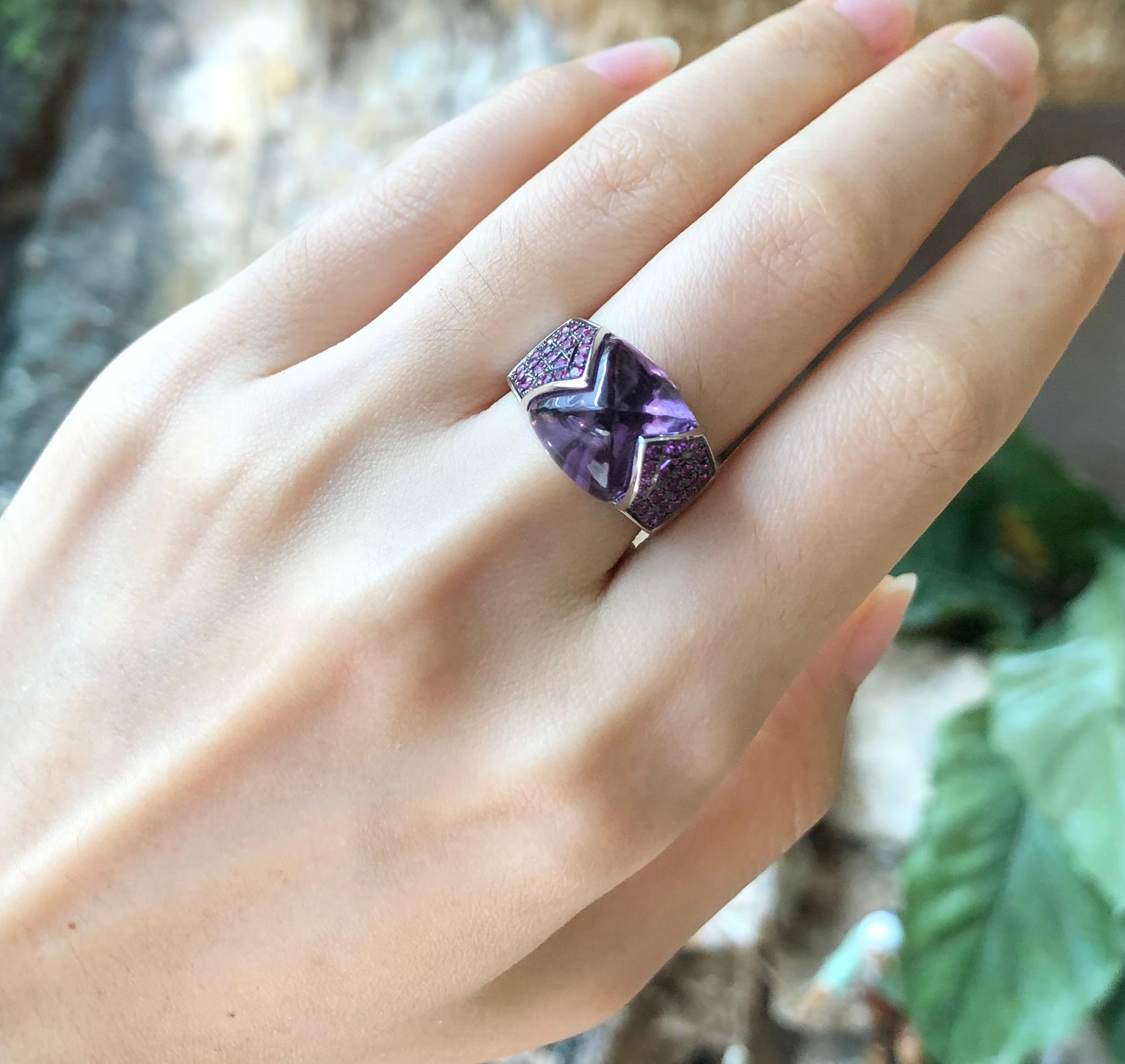 Women's Amethyst with Pink Sapphire Ring Set in 18 K White Gold For Sale