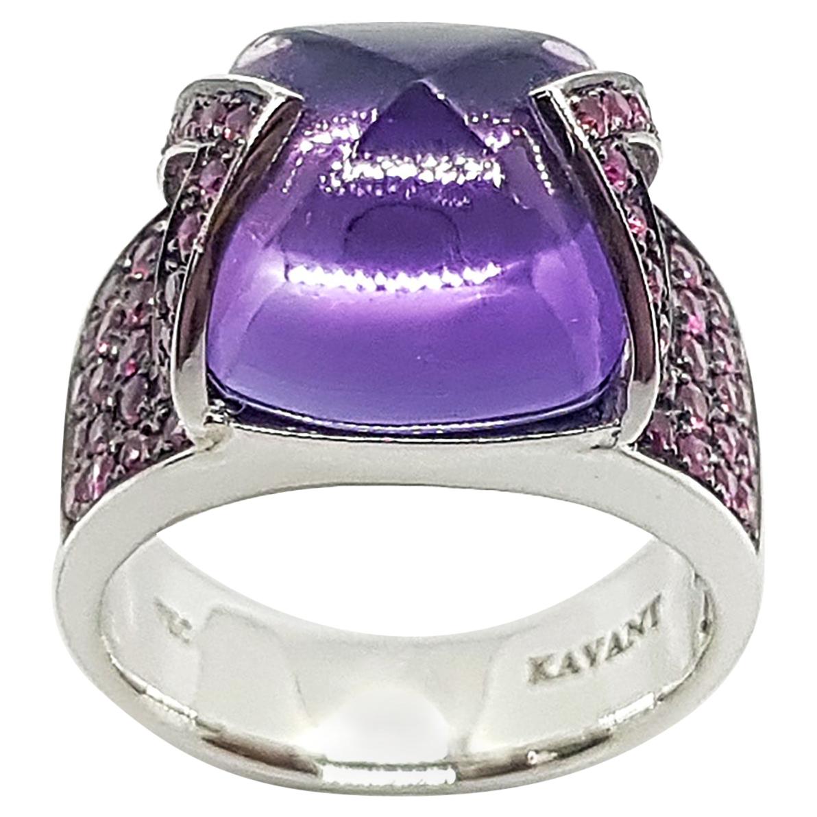 Amethyst with Pink Sapphire Ring Set in 18 K White Gold For Sale