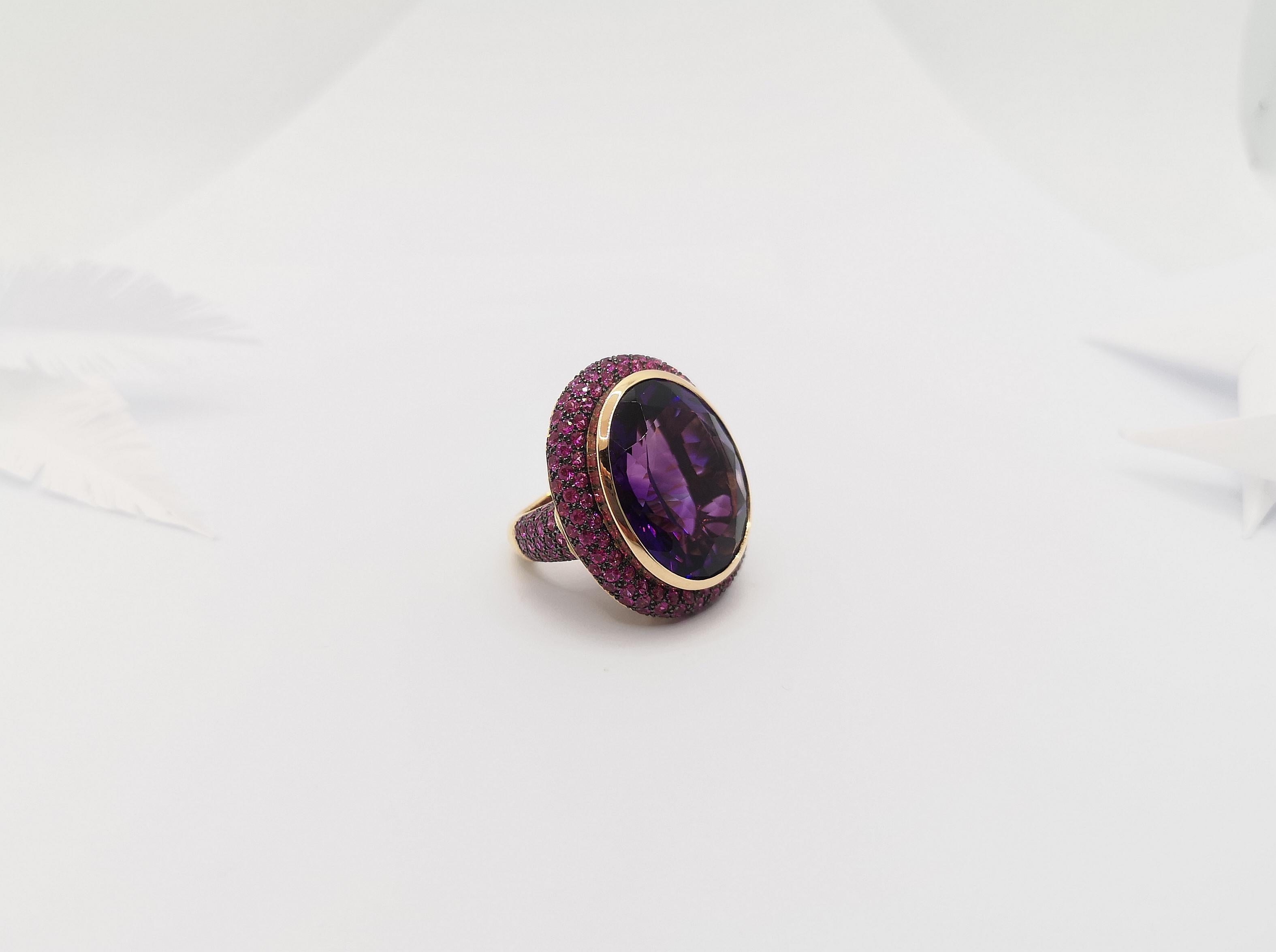 Amethyst with Pink Sapphire Ring Set in 18 Karat Rose Gold Settings For Sale 2