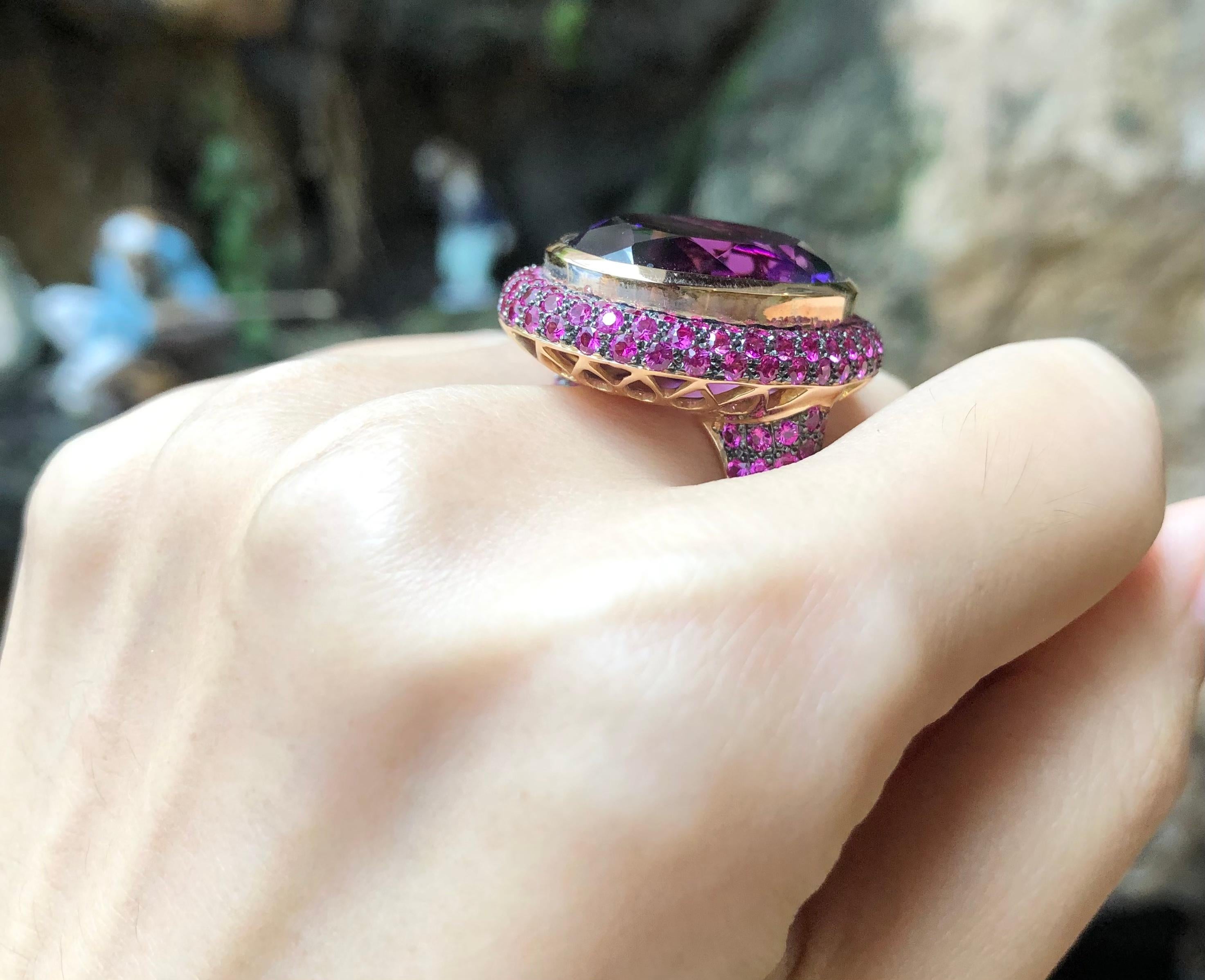 Amethyst 25.21 carats with Pink Sapphire 4.04 carats Ring set in 18 Karat Rose Gold Settings

Width:  2.4 cm 
Length: 3.0 cm
Ring Size: 51
Total Weight: 26.71 grams

