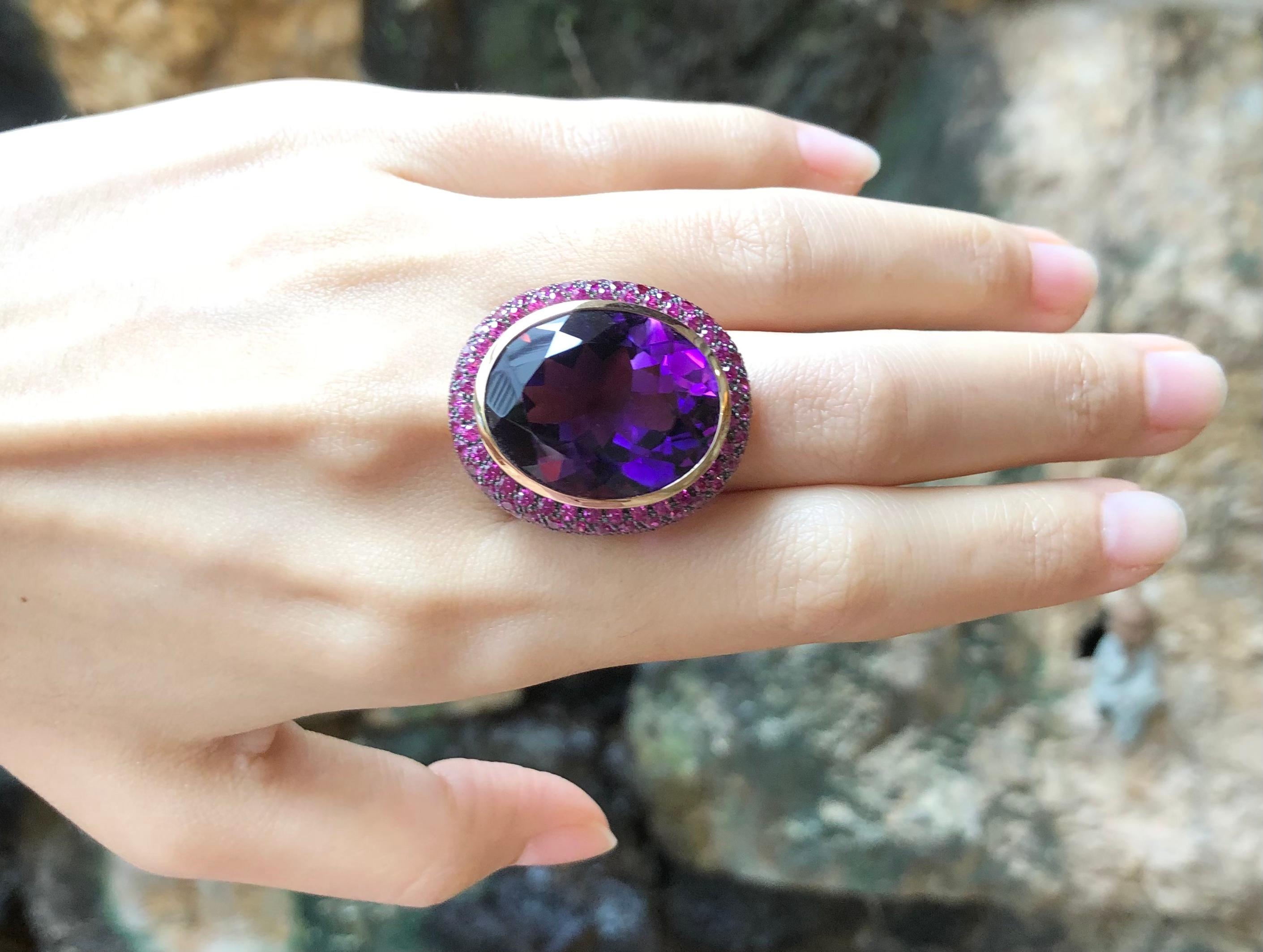 Contemporary Amethyst with Pink Sapphire Ring Set in 18 Karat Rose Gold Settings For Sale