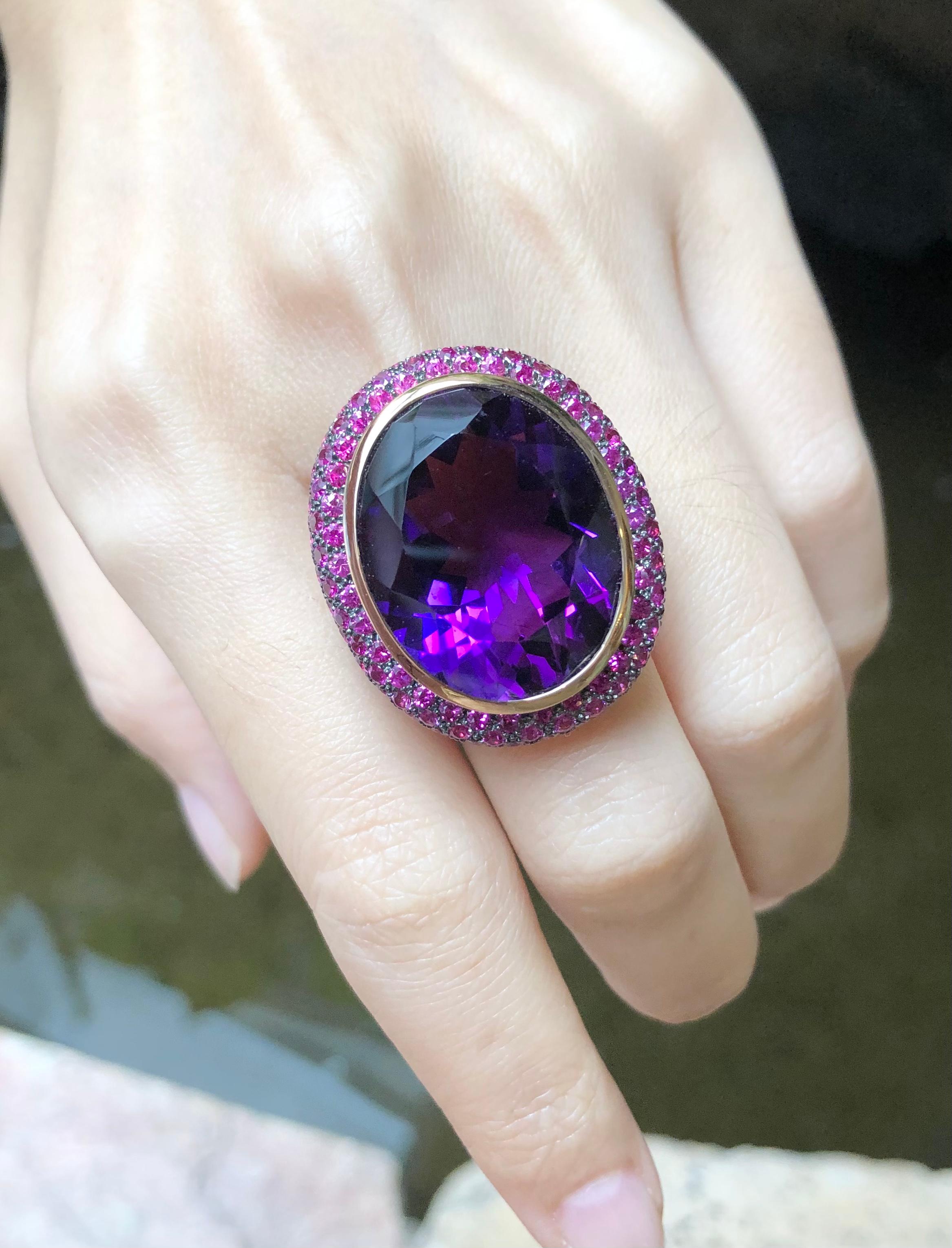 Mixed Cut Amethyst with Pink Sapphire Ring Set in 18 Karat Rose Gold Settings For Sale