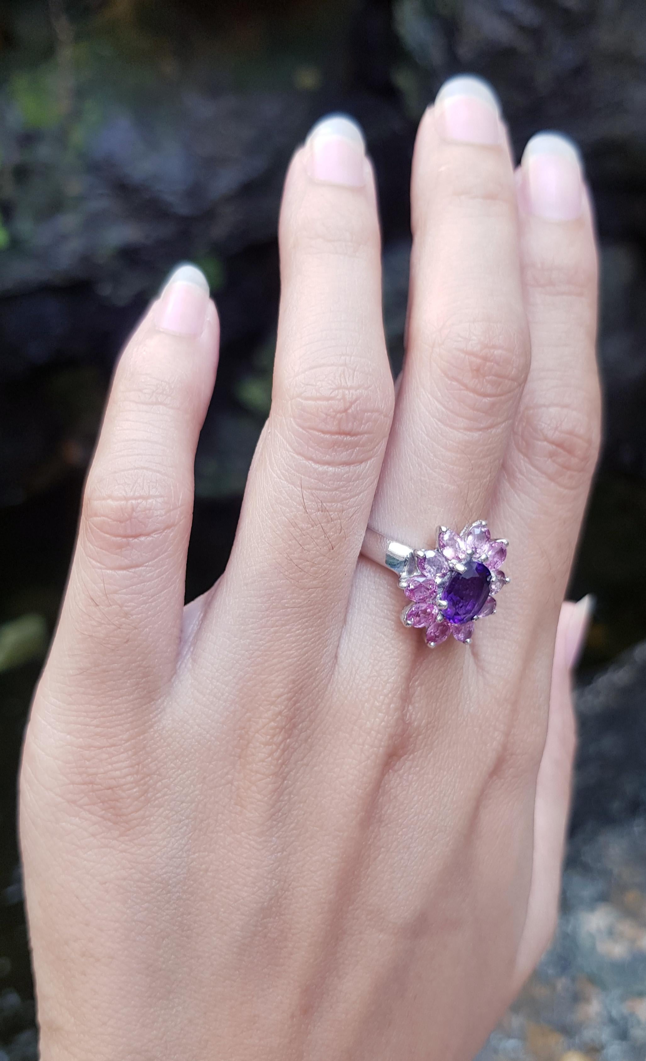 Contemporary Amethyst with Pink Sapphire Ring set in Silver Settings For Sale
