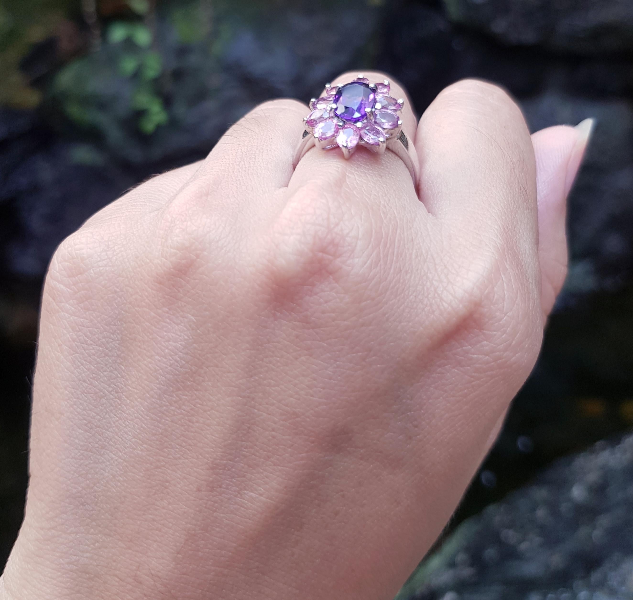 Oval Cut Amethyst with Pink Sapphire Ring set in Silver Settings For Sale