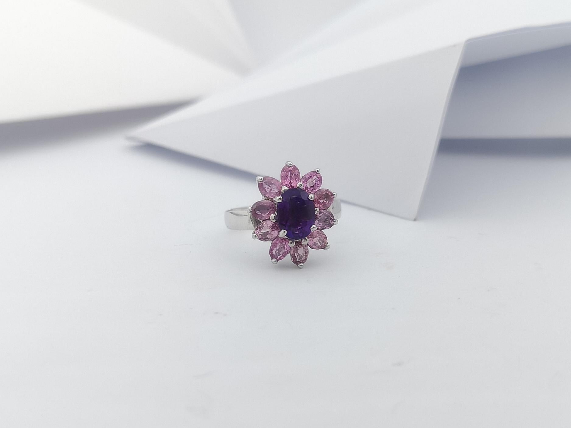 Amethyst with Pink Sapphire Ring set in Silver Settings For Sale 1