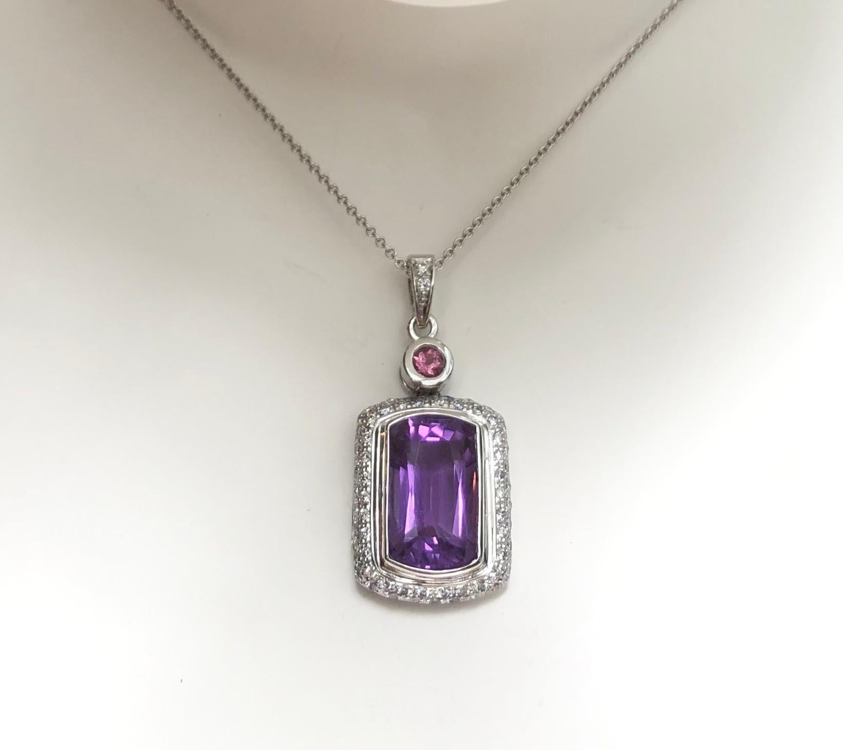 Amethyst 12.72 carats with Pink Tourmaline 0.15 carat and Diamond 0.55 carat Pendant set in 18 Karat White Gold Settings
(chain not included)

Width:  1.8 cm 
Length: 3.6 cm
Total Weight: 6.93 grams

