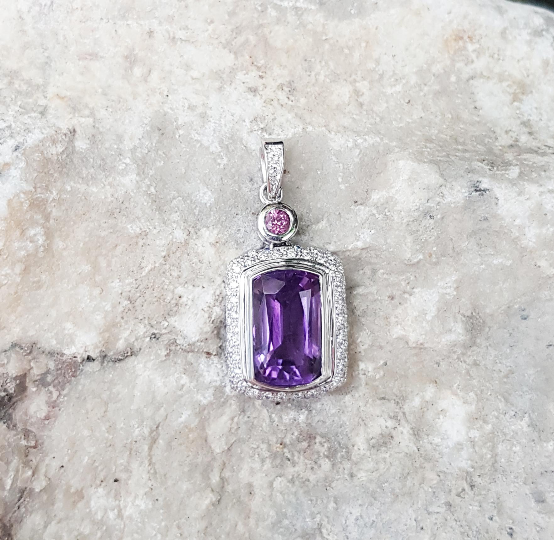 Contemporary Amethyst with Pink Tourmaline and Diamond Pendant Set in 18 Karat White Gold For Sale