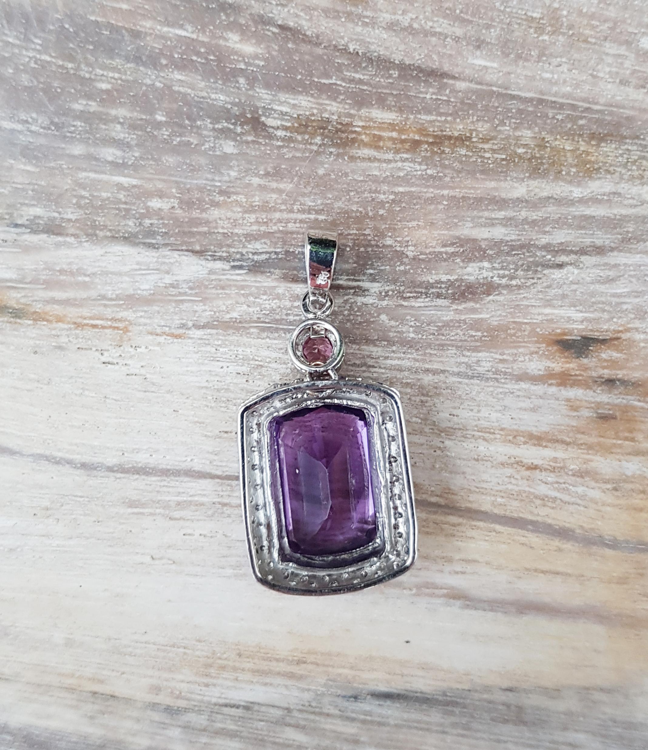 Mixed Cut Amethyst with Pink Tourmaline and Diamond Pendant Set in 18 Karat White Gold For Sale