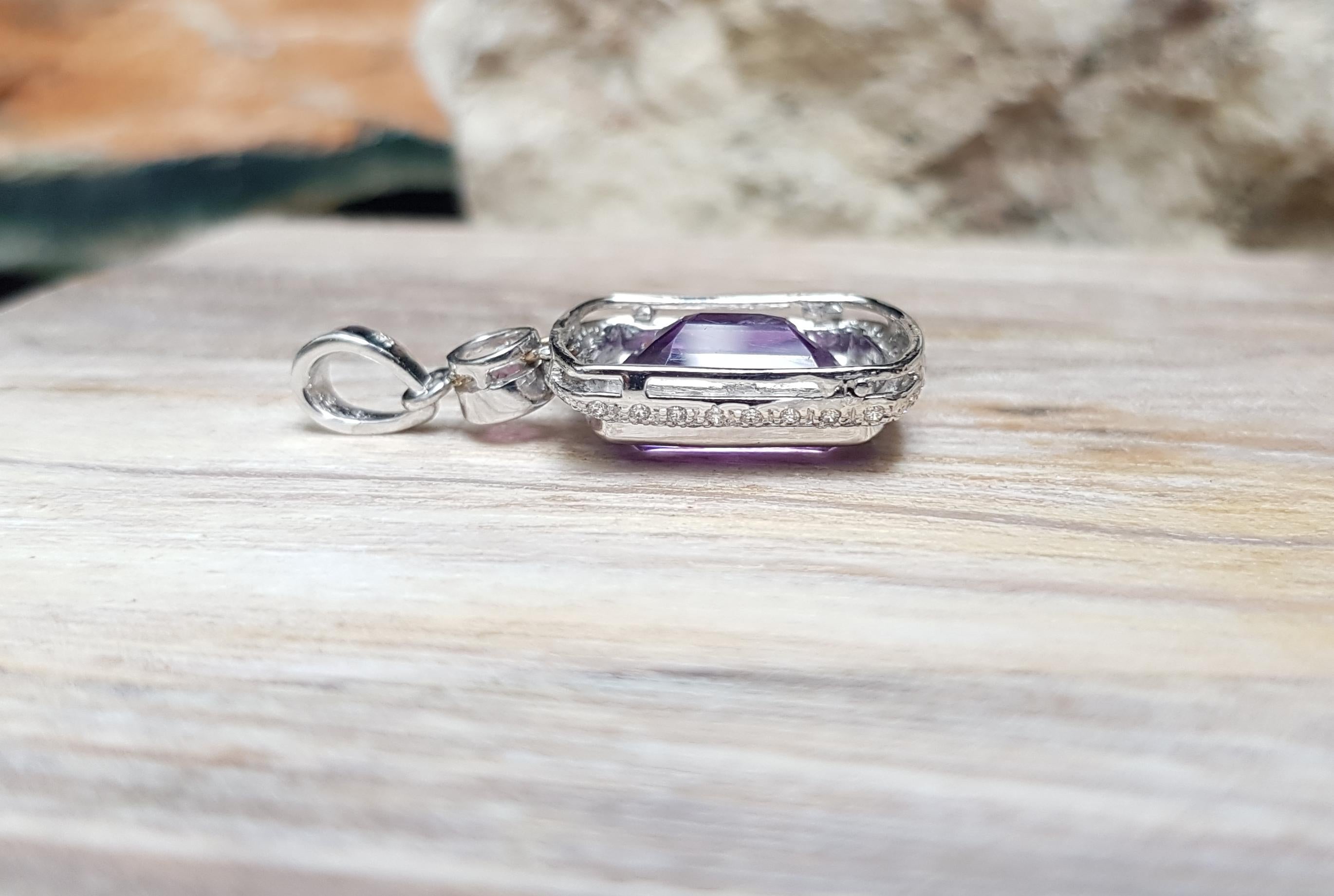 Women's Amethyst with Pink Tourmaline and Diamond Pendant Set in 18 Karat White Gold For Sale