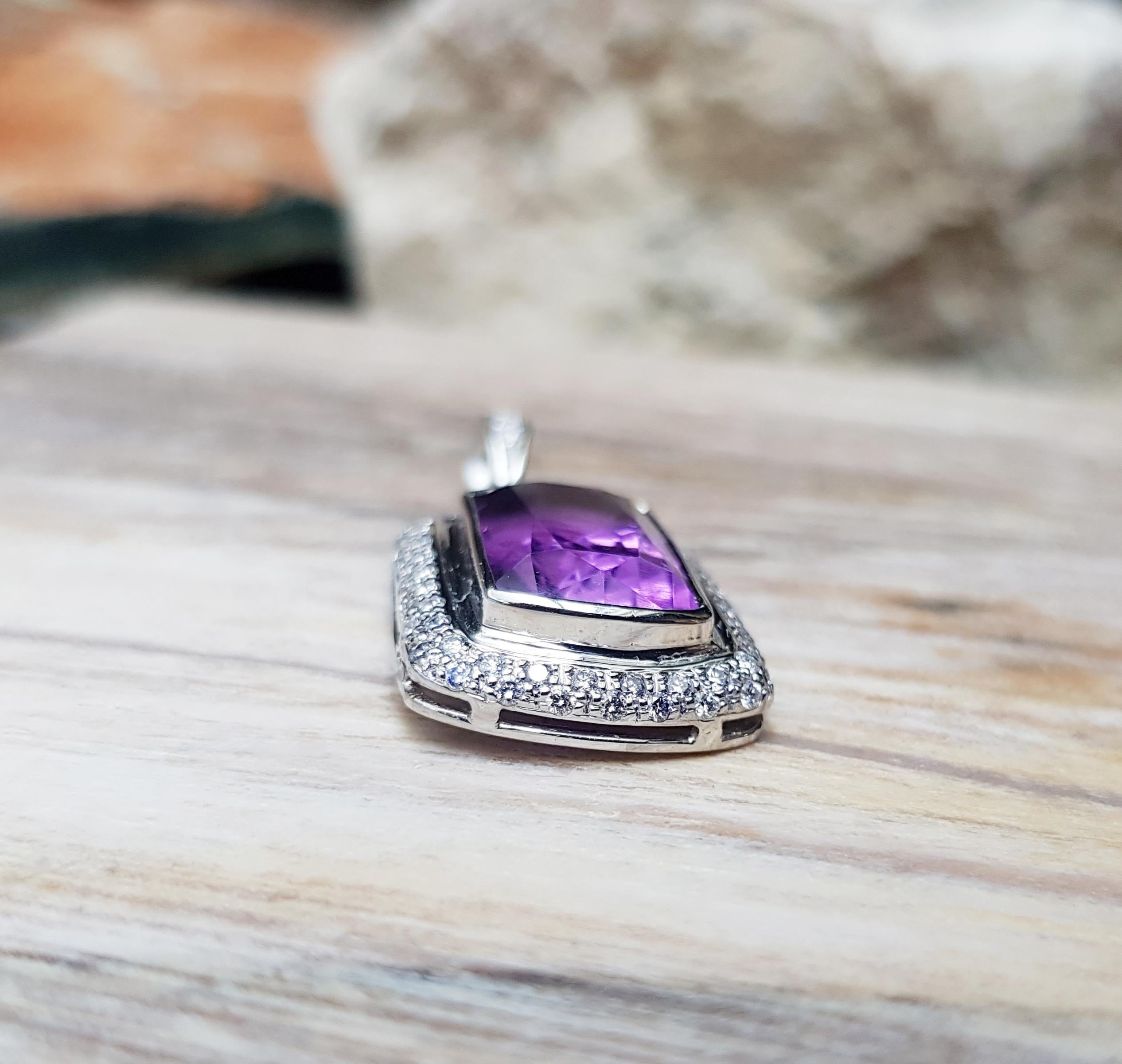 Amethyst with Pink Tourmaline and Diamond Pendant Set in 18 Karat White Gold For Sale 1