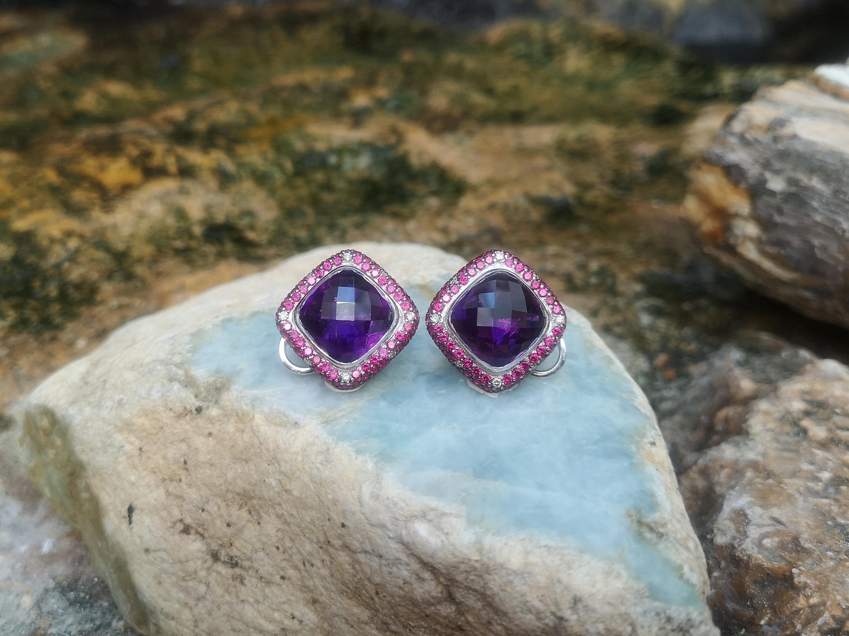 Contemporary Amethyst with Ruby and Brown Diamond Earrings Set in 18 Karat White Gold Setting For Sale