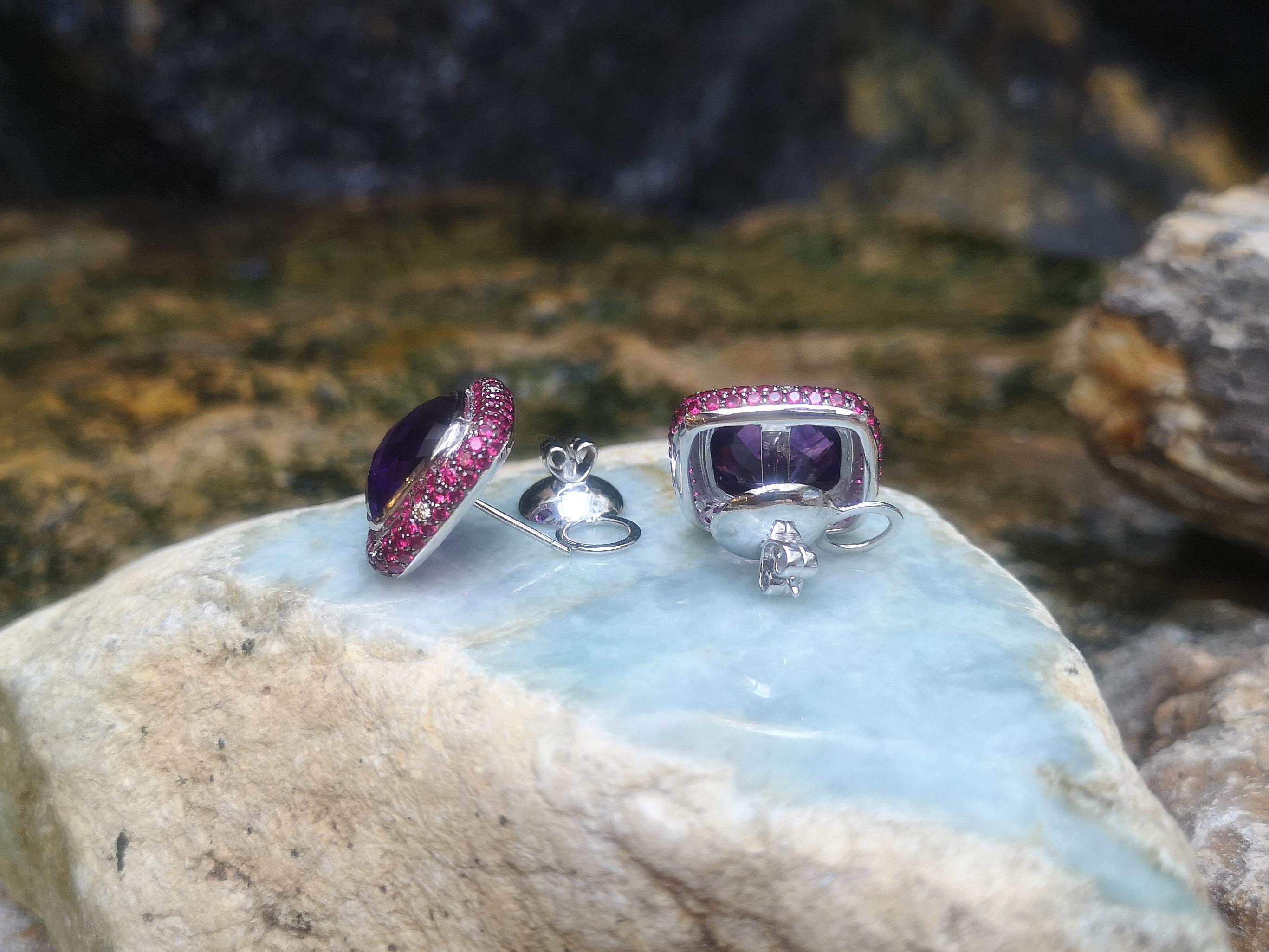 Amethyst with Ruby and Brown Diamond Earrings Set in 18 Karat White Gold Setting In New Condition For Sale In Bangkok, TH