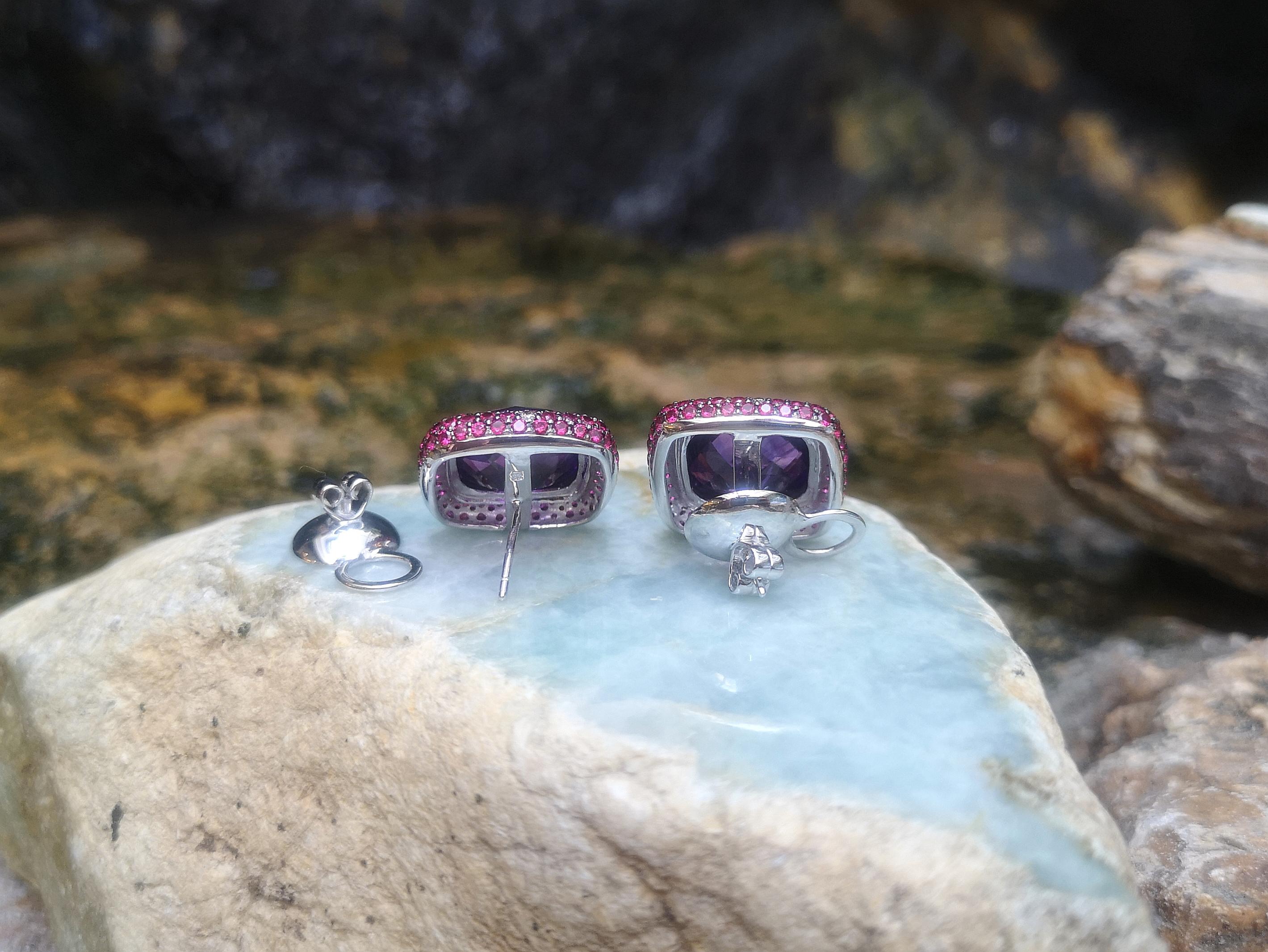 Women's Amethyst with Ruby and Brown Diamond Earrings Set in 18 Karat White Gold Setting For Sale