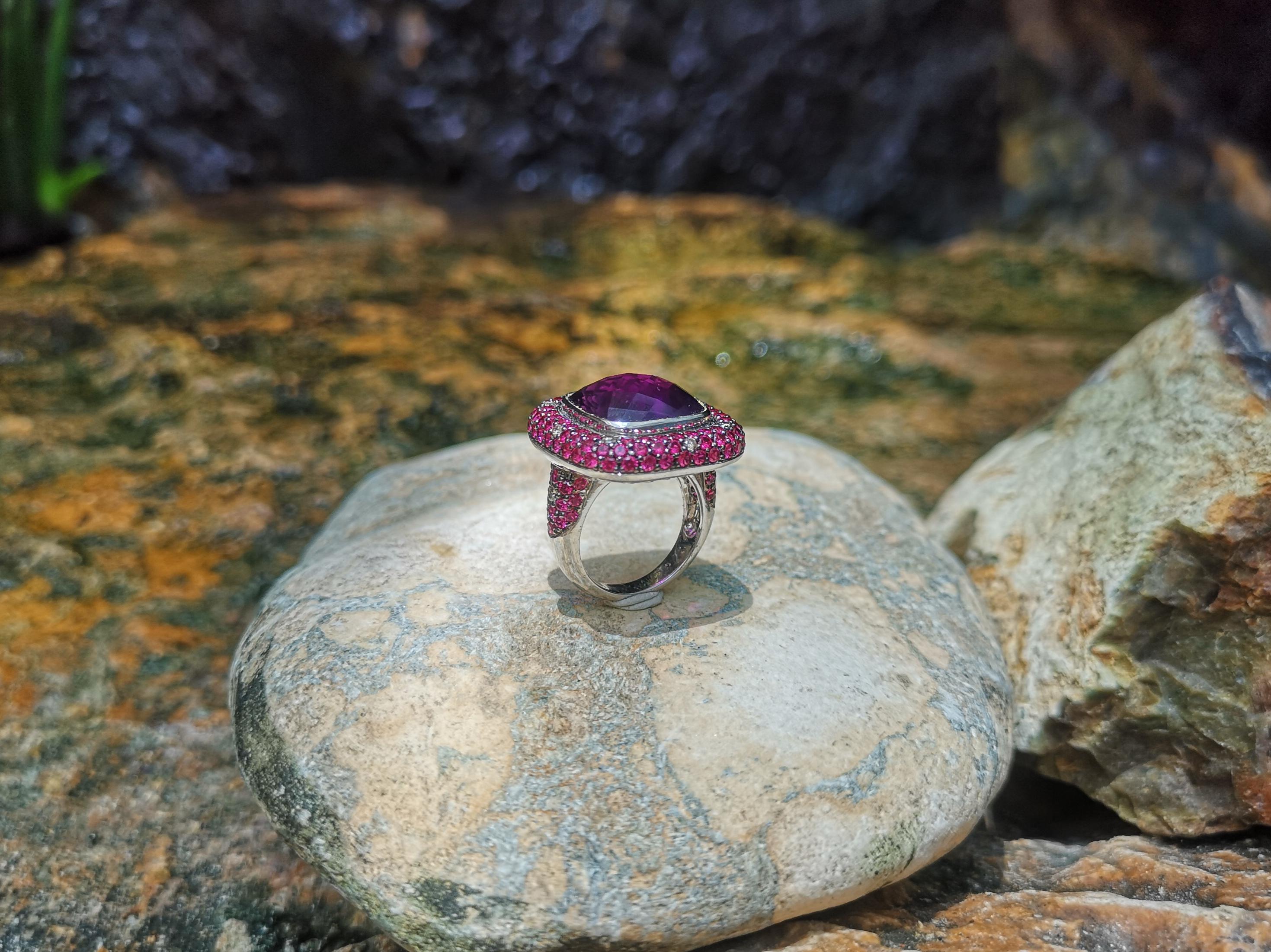 Amethyst with Ruby and Brown Diamond Ring Set in 18 Karat White Gold Settings For Sale 1