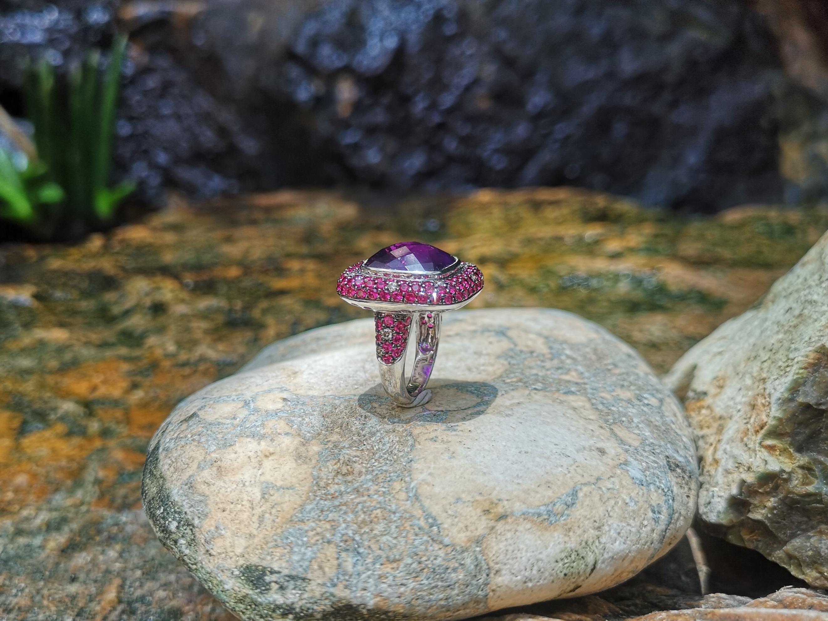 Amethyst with Ruby and Brown Diamond Ring Set in 18 Karat White Gold Settings For Sale 3