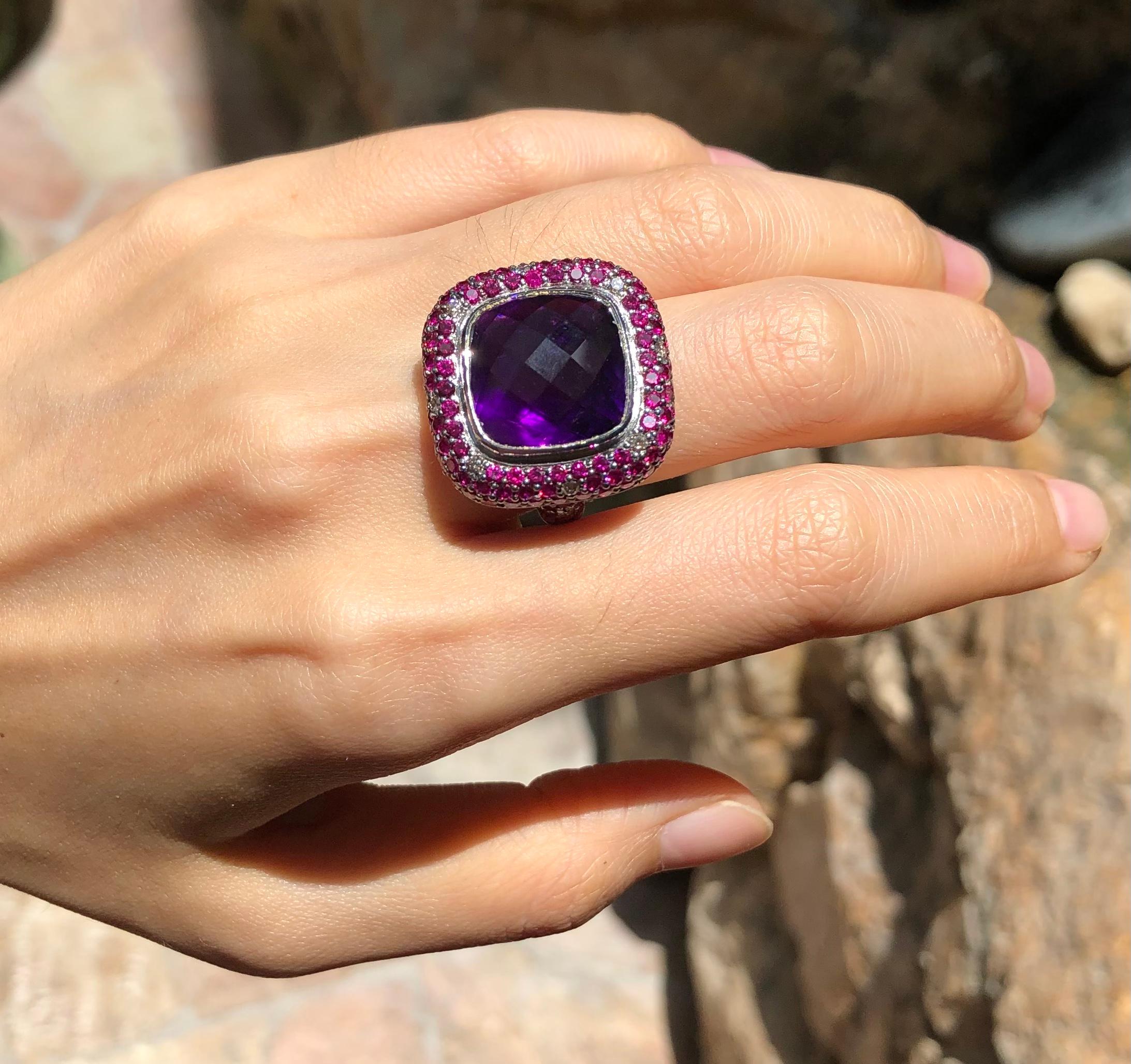 Amethyst 10.50 carats with Ruby 2.74 carats and Brown Diamond 0.24 carats Ring set in 18 Karat White Gold Settings

Width:  2.3 cm 
Length:  2.3 cm
Ring Size: 51
Total Weight: 14.89 grams

