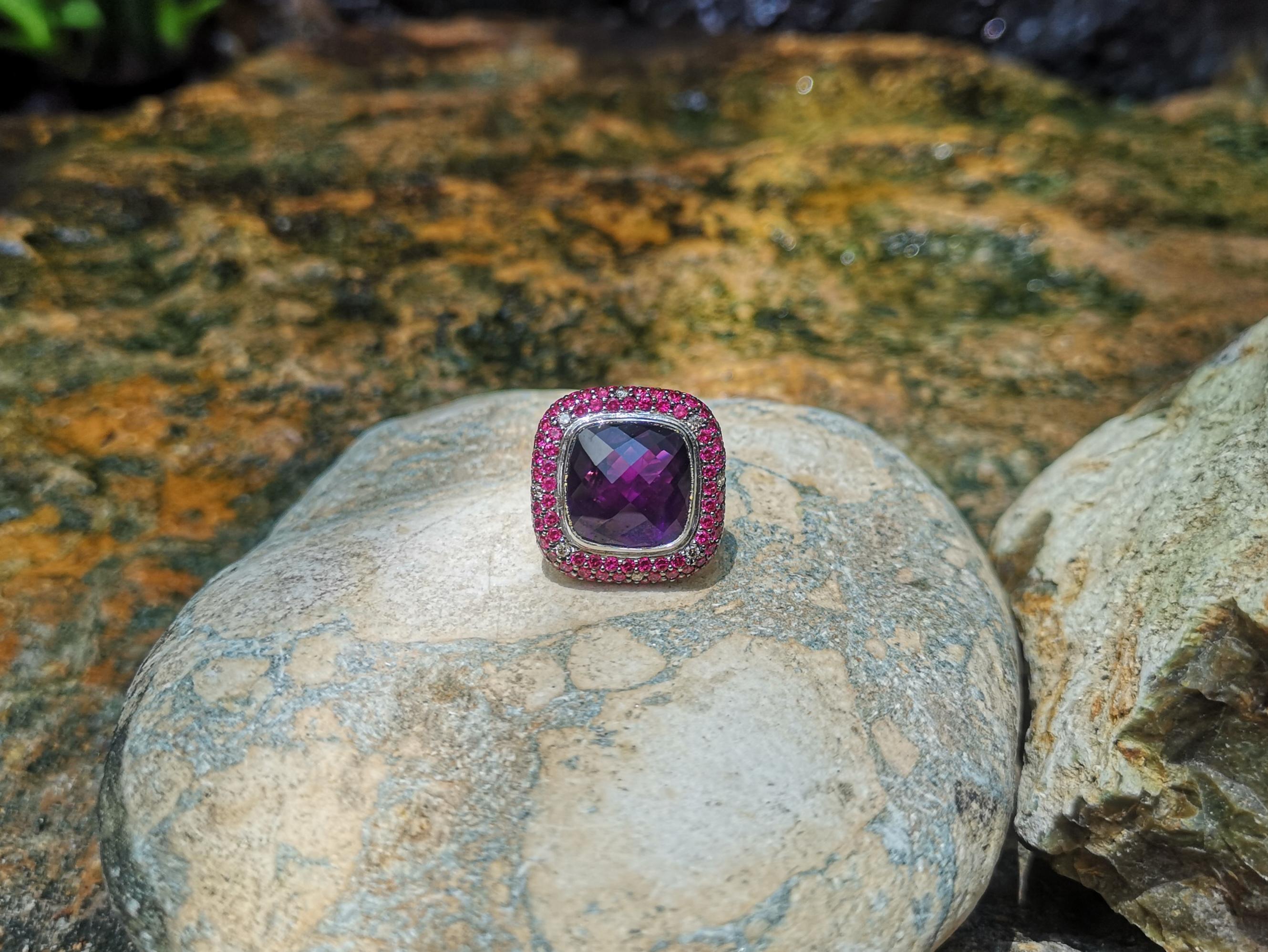 Mixed Cut Amethyst with Ruby and Brown Diamond Ring Set in 18 Karat White Gold Settings For Sale