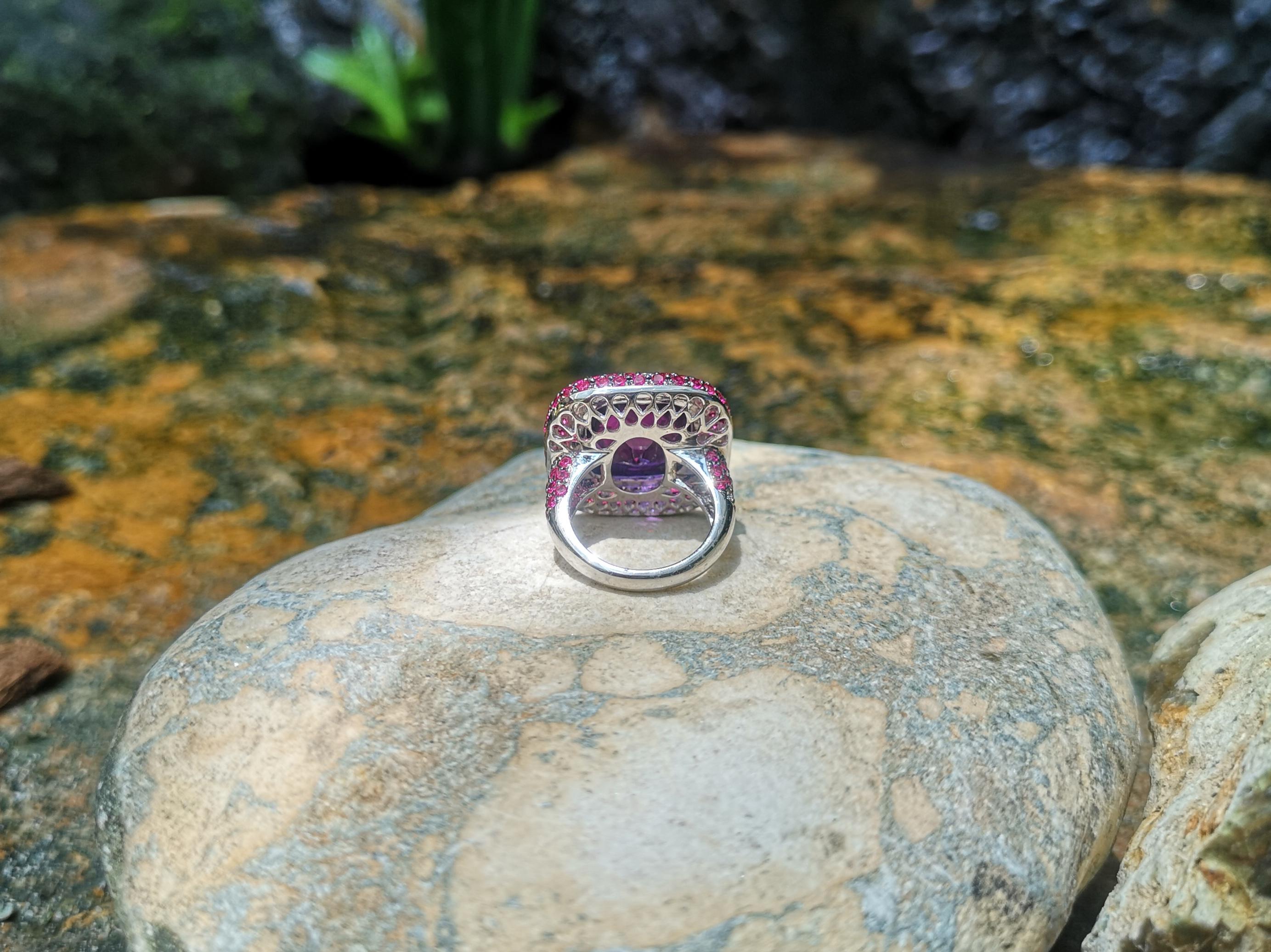 Women's Amethyst with Ruby and Brown Diamond Ring Set in 18 Karat White Gold Settings For Sale