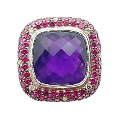 Amethyst with Ruby and Brown Diamond Ring Set in 18 Karat White Gold Settings