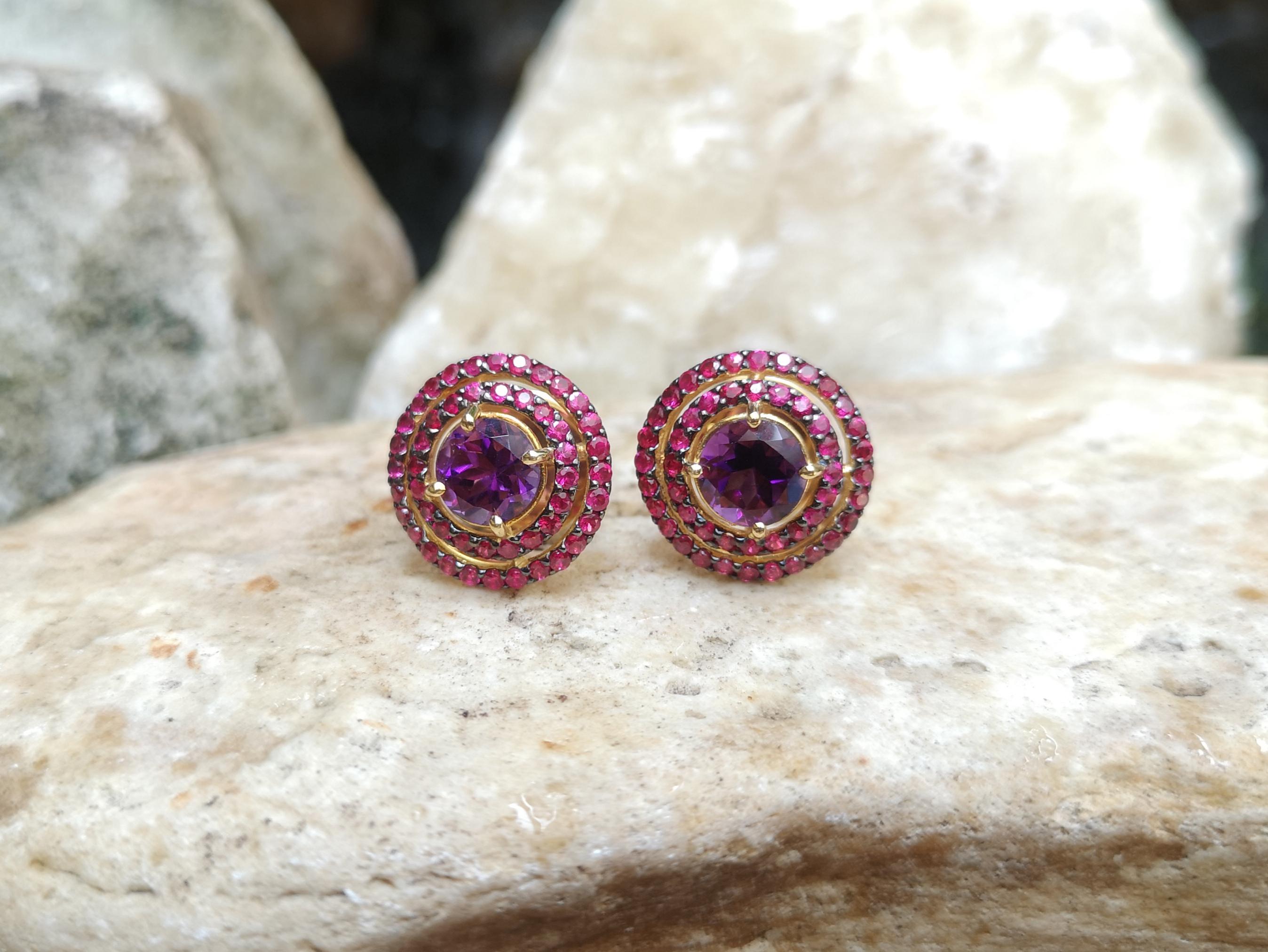Round Cut Amethyst with Ruby Earrings Set in 18 Karat Gold Setting For Sale