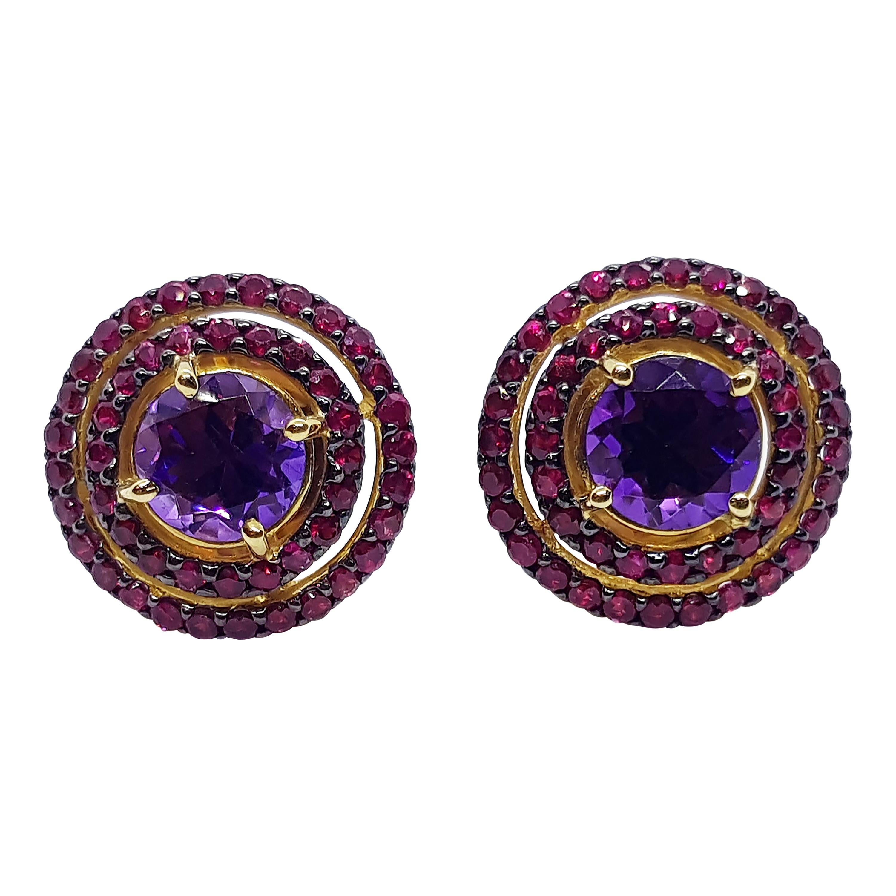 Amethyst with Ruby Earrings Set in 18 Karat Gold Setting For Sale