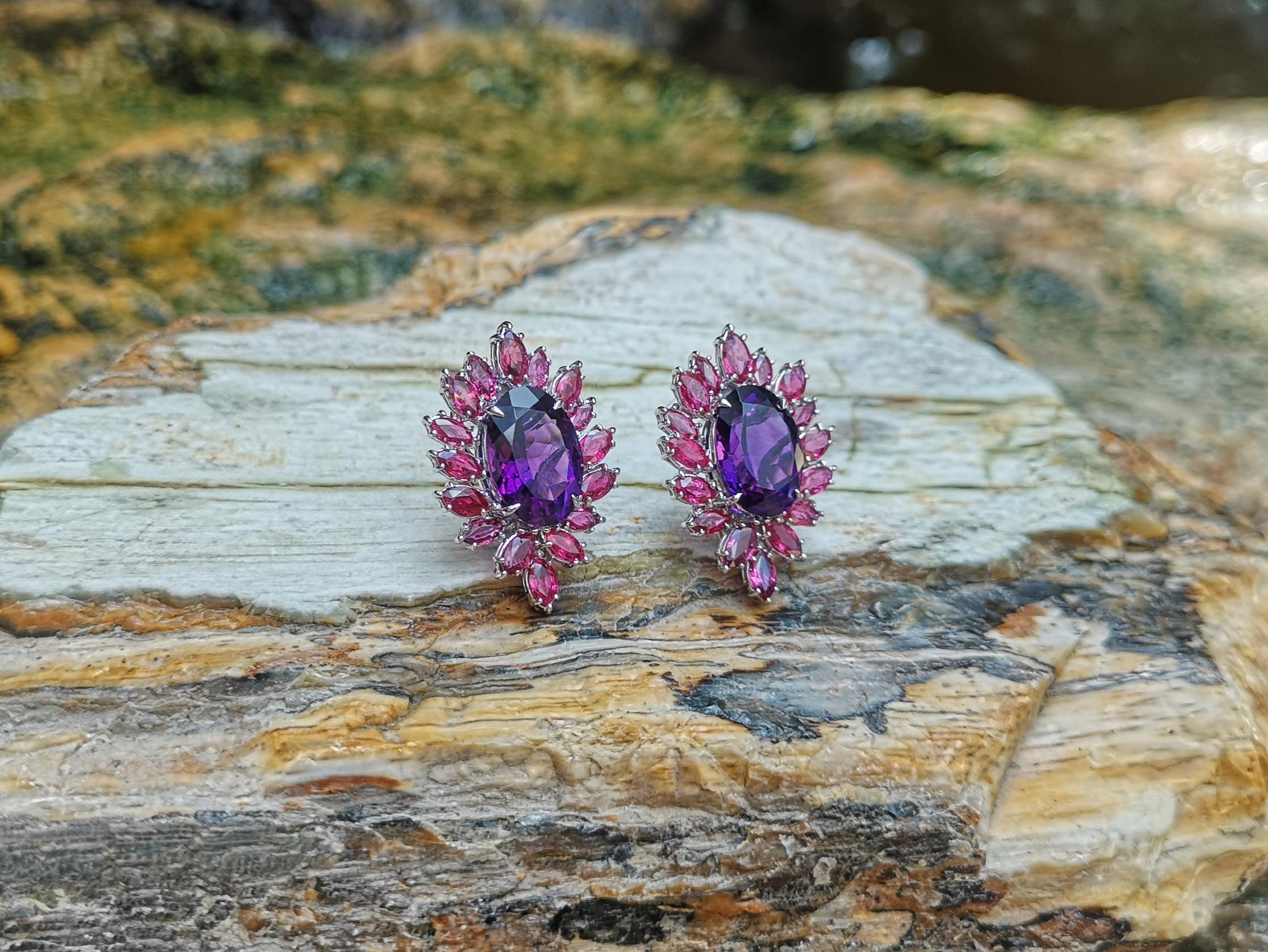Mixed Cut Amethyst with Ruby Earrings Set in 18 Karat White Gold Settings For Sale