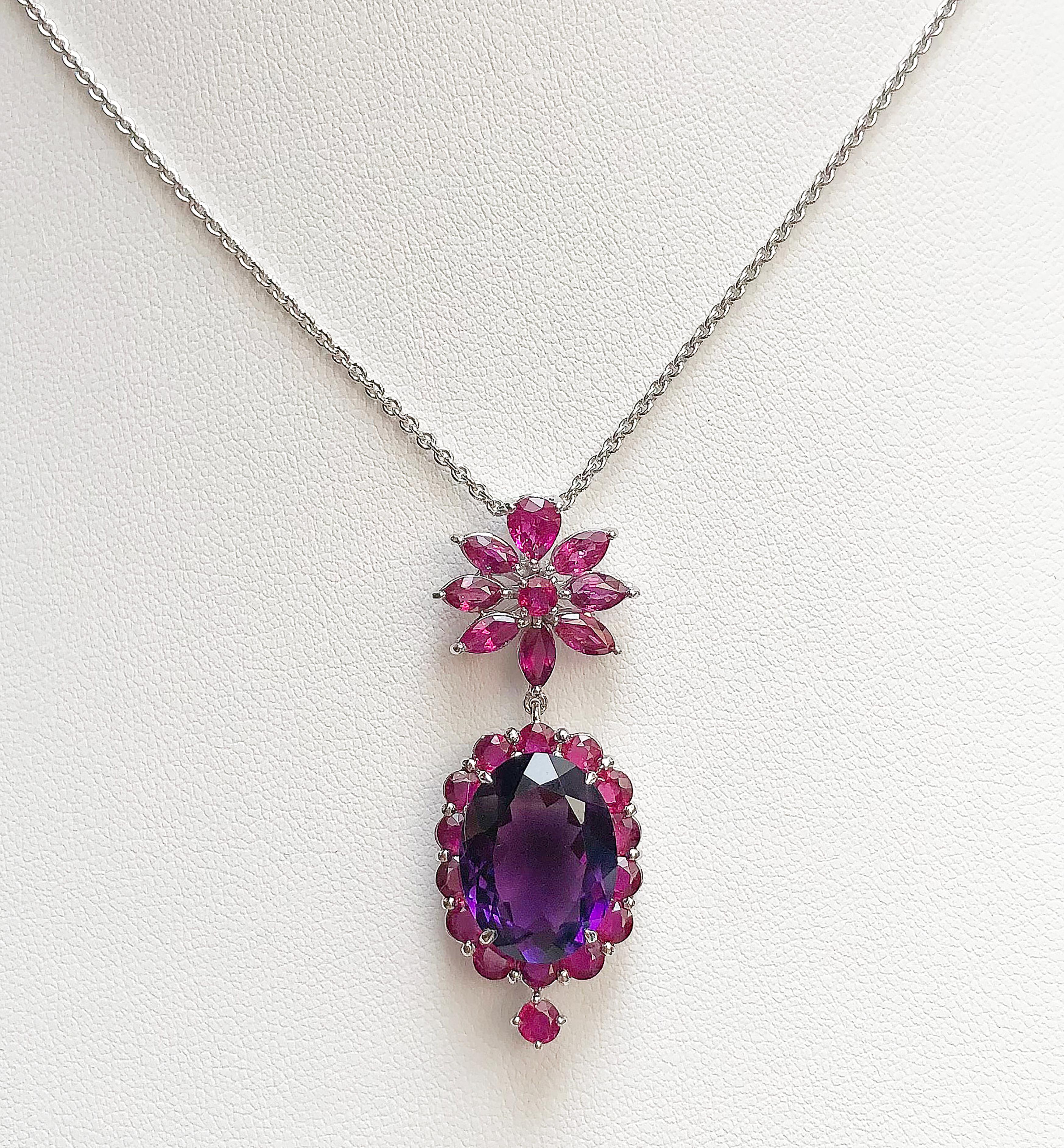 Contemporary Amethyst with Ruby Pendant Set in 18 Karat White Gold Settings For Sale