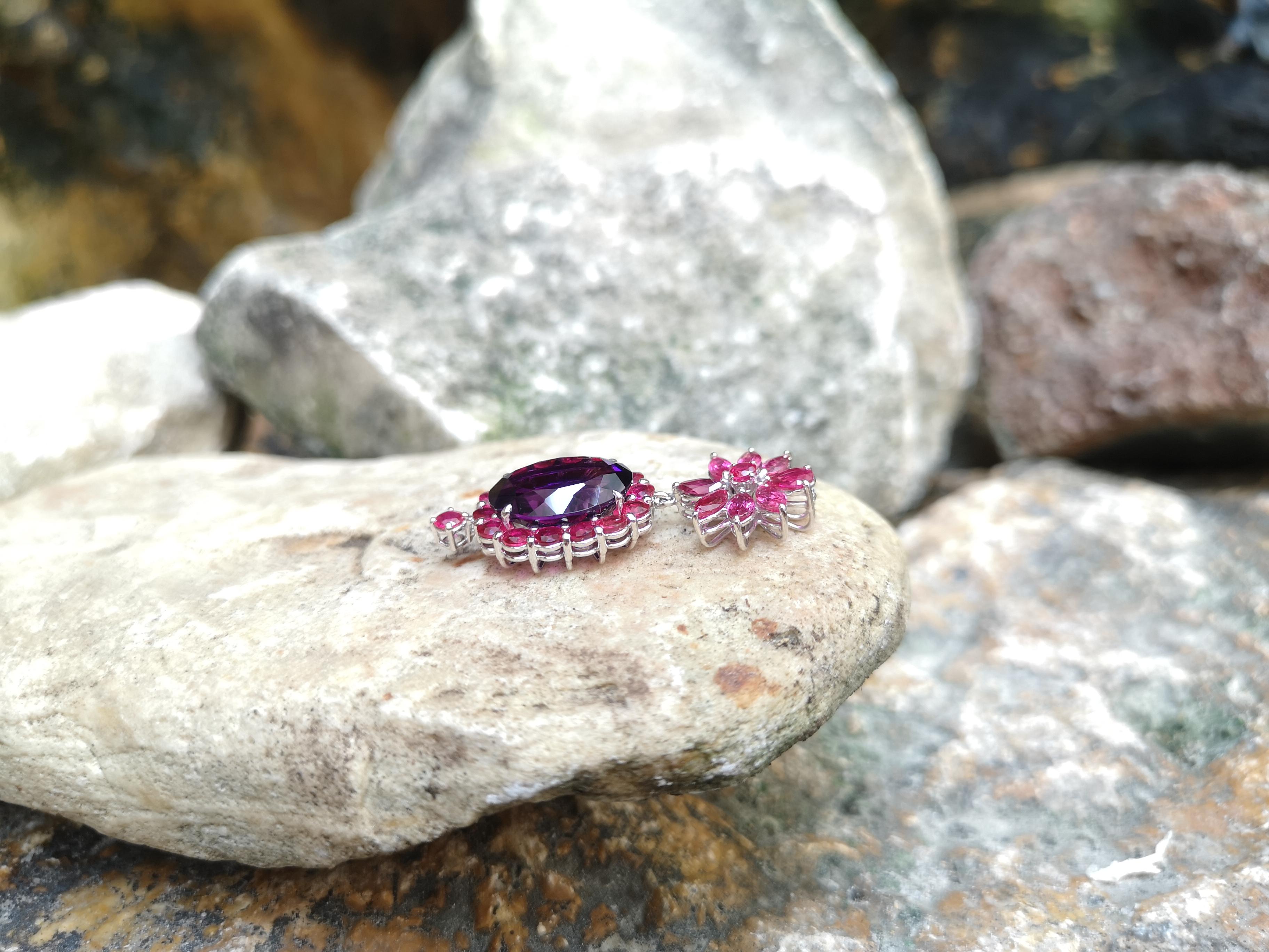 Mixed Cut Amethyst with Ruby Pendant Set in 18 Karat White Gold Settings For Sale