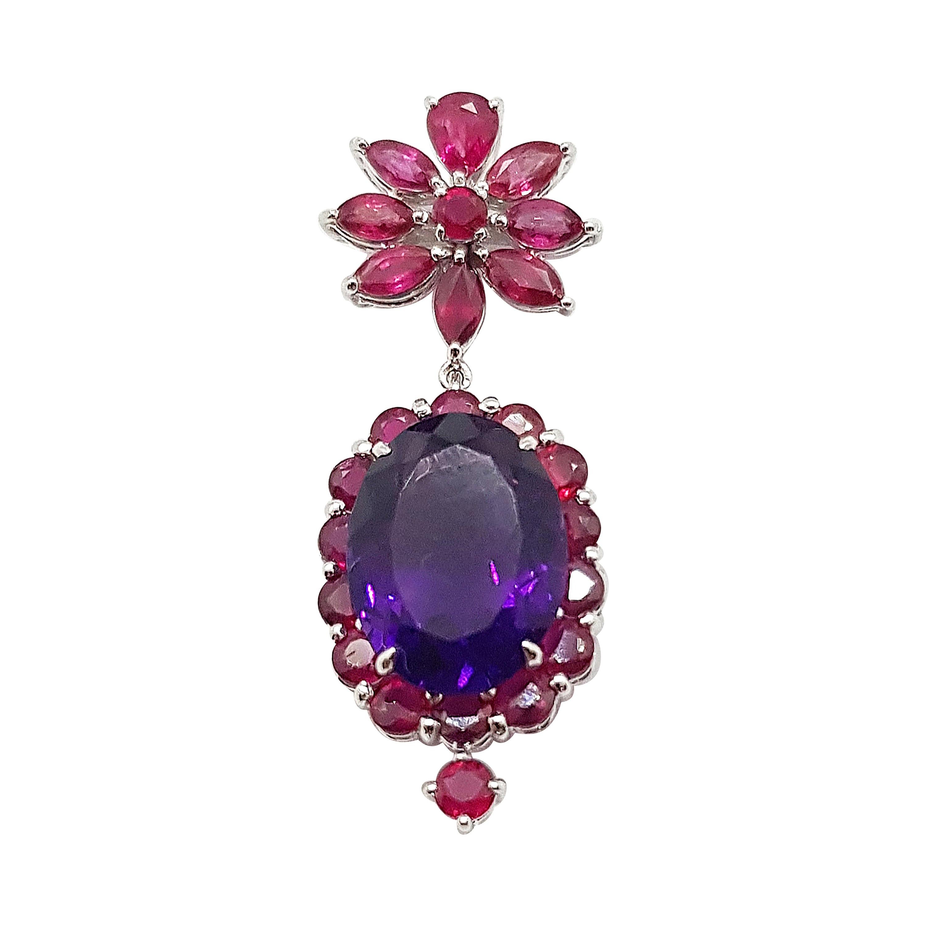 Amethyst with Ruby Pendant Set in 18 Karat White Gold Settings For Sale