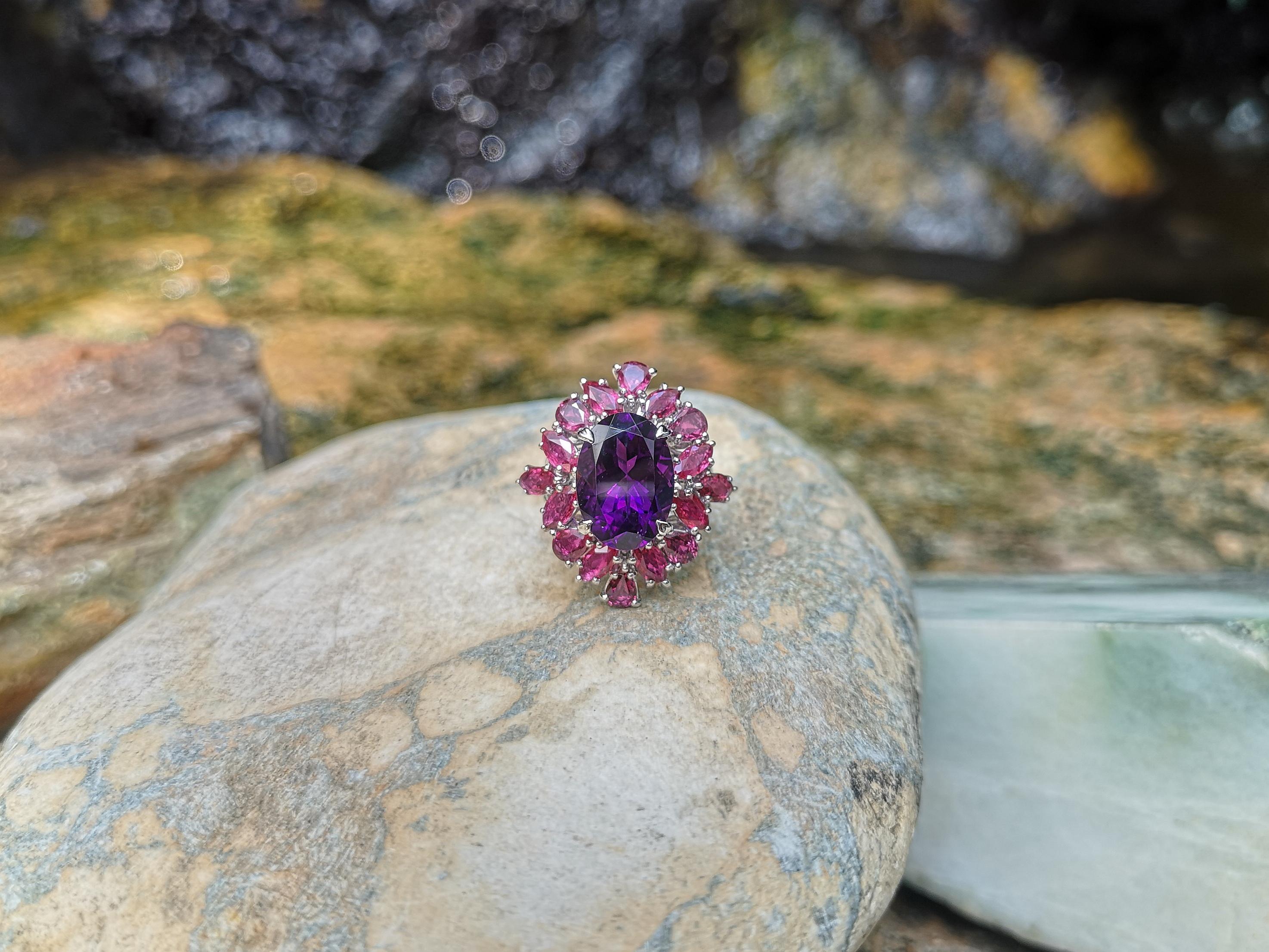 Amethyst with Ruby Ring Set in 18 Karat White Gold Settings For Sale 1